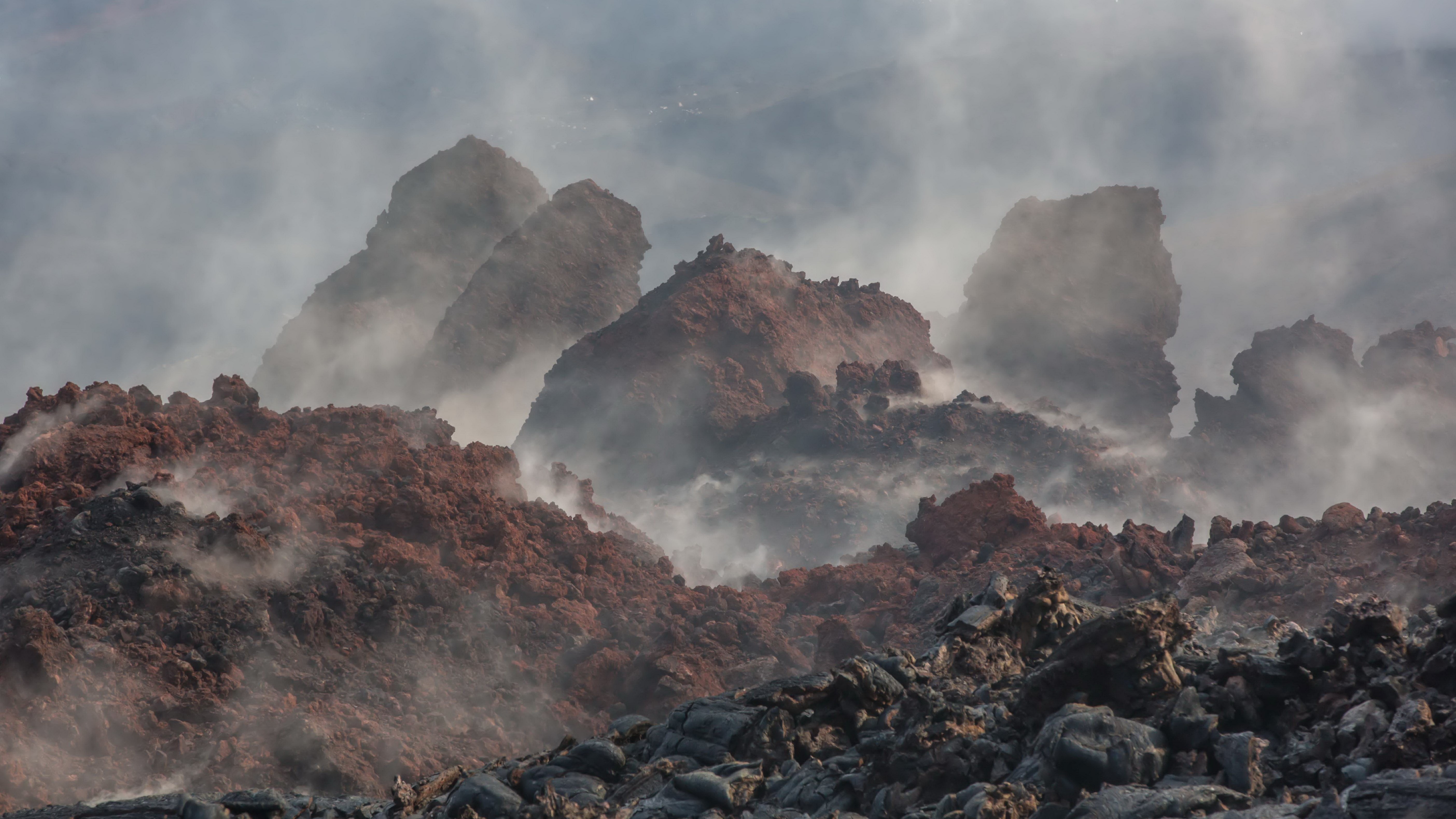 scenics - nature, fog, non-urban scene, beauty in nature, 5K, mountain peak, tranquility, cloud - sky, outdoors, geology, solid, environment, rock - object, HD Wallpaper