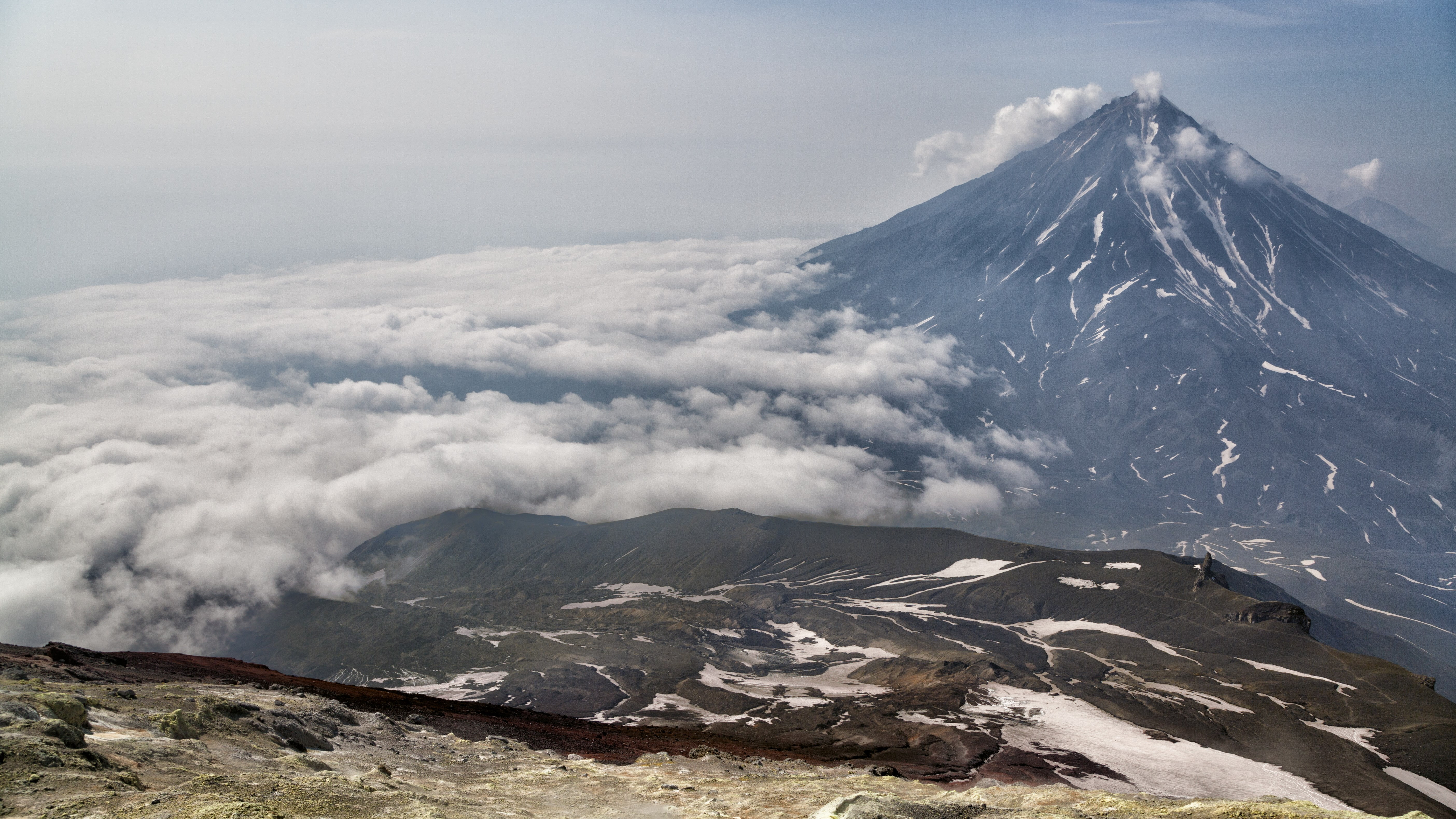 day, mountain peak, cloud - sky, winter, landscape, mountain, geology, tranquil scene, beauty in nature, sky, power in nature, 5K, volcano, nature, physical geography, HD Wallpaper