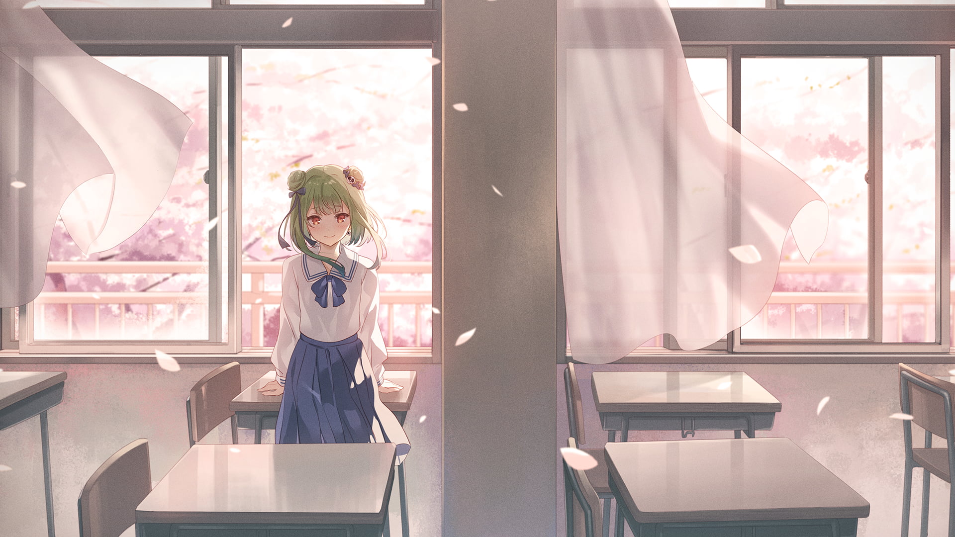 1080P, women, Uruha Rushia, green hair, school uniform, windy, HD Wallpaper