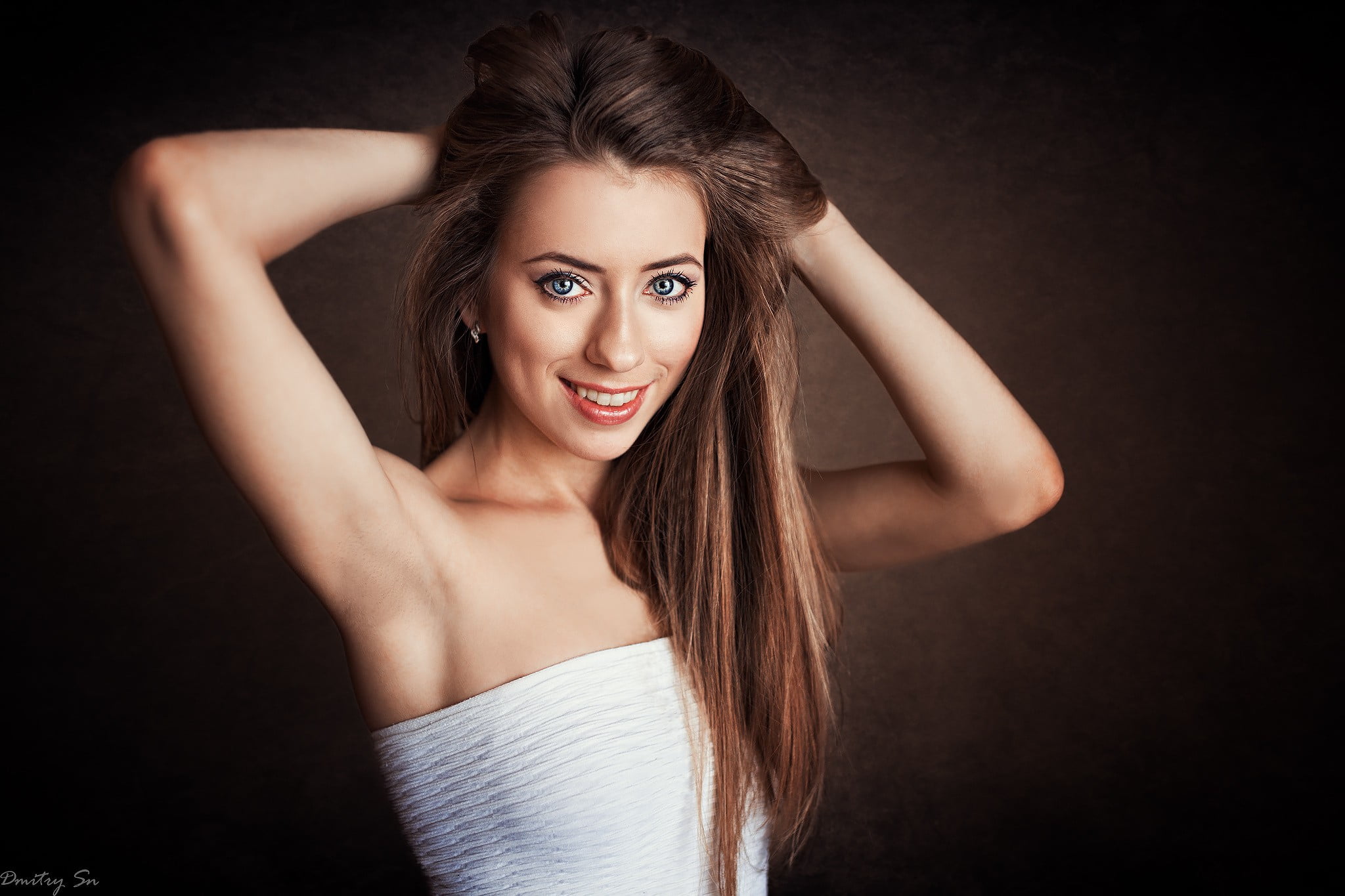 smiling, Victoria (model), 1080P, long hair, eyes, bare shoulders, women, armpits, looking at viewer, blue eyes, Viktoria Babkina, auburn hair, model, HD Wallpaper
