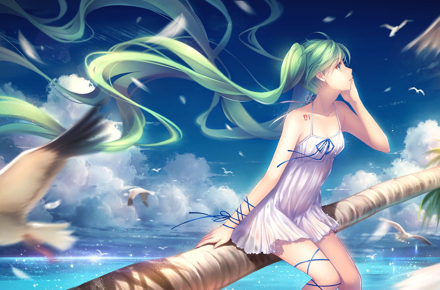 swimming pool, anime girls, young women, young adult, full length, pool, outdoors, females, sitting, windy, nature, leisure activity, water, Vocaloid, sea, HD Wallpaper