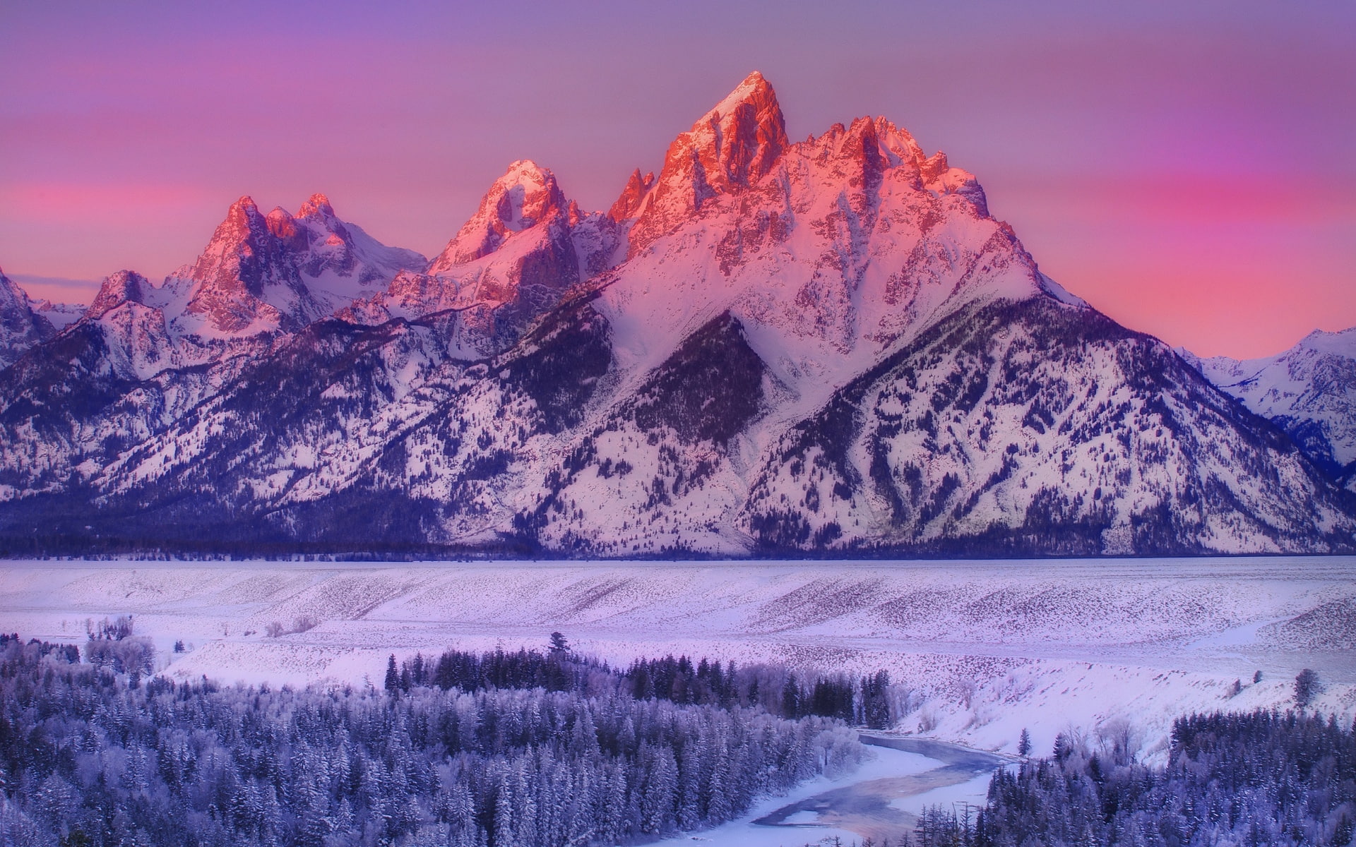 forest, sky, mountains, snow, snowy peak, sunset, 1080P, snake river overlook, trees, Grand Teton National Park, HD Wallpaper