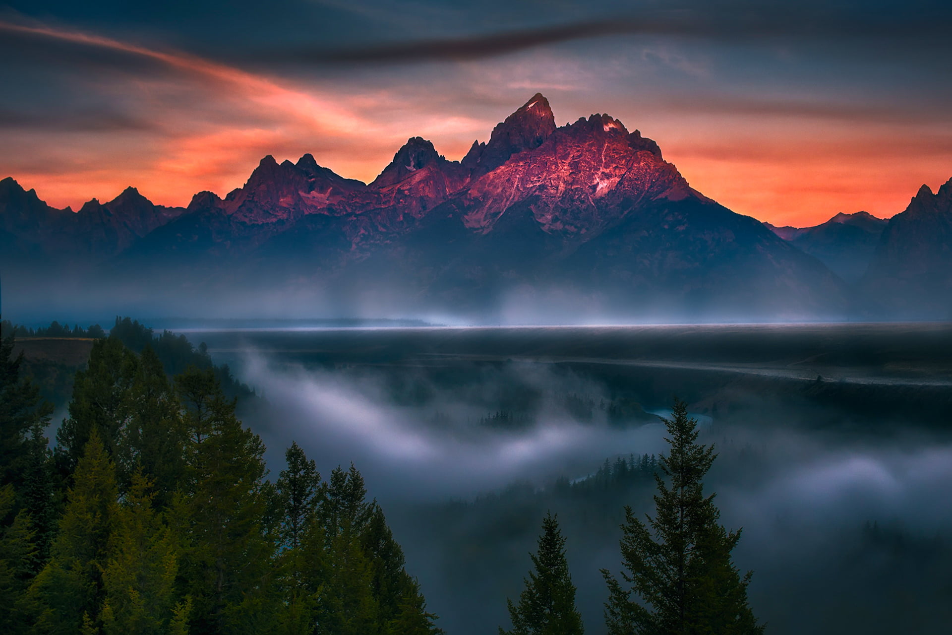 Grand Teton, Trees, beauty in nature, Travel, tranquility, Sun, environment, dramatic sky, body, Sky, lake, 1080P, Blue, cloud - sky, idyllic, scenics - nature, HD Wallpaper