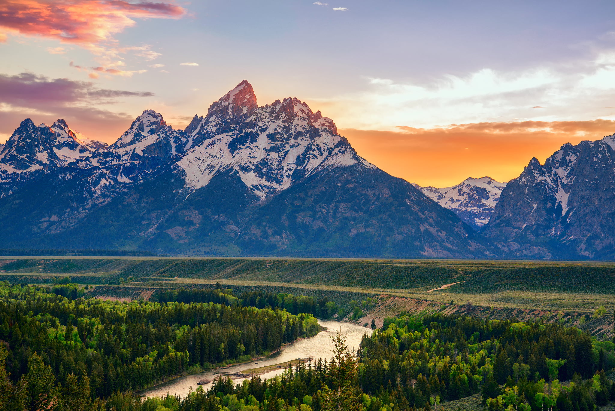 environment, no people, non-urban scene, sunset, landscape, land, Snake River, mountain range, summer, cloud - sky, river, field, plant, snowcapped mountain, HD Wallpaper