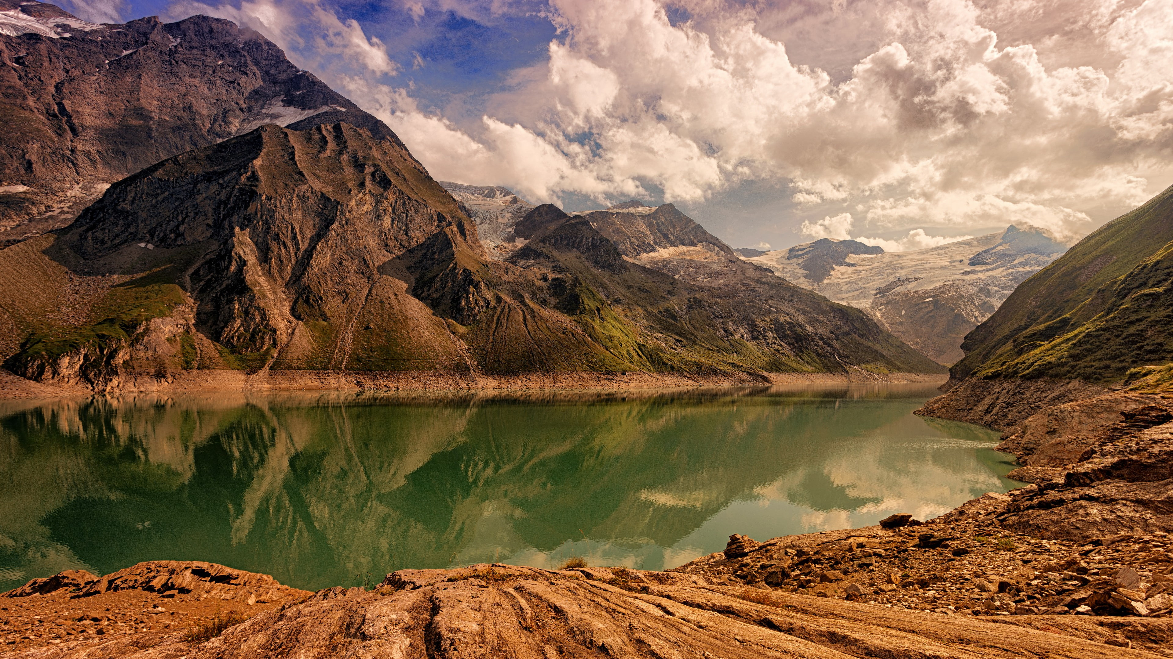 limberg, 4K, austria, kaprun, mountainous landforms, wilderness, sky, mountain lake, loch, reservoir, lake, valley, mountain, HD Wallpaper