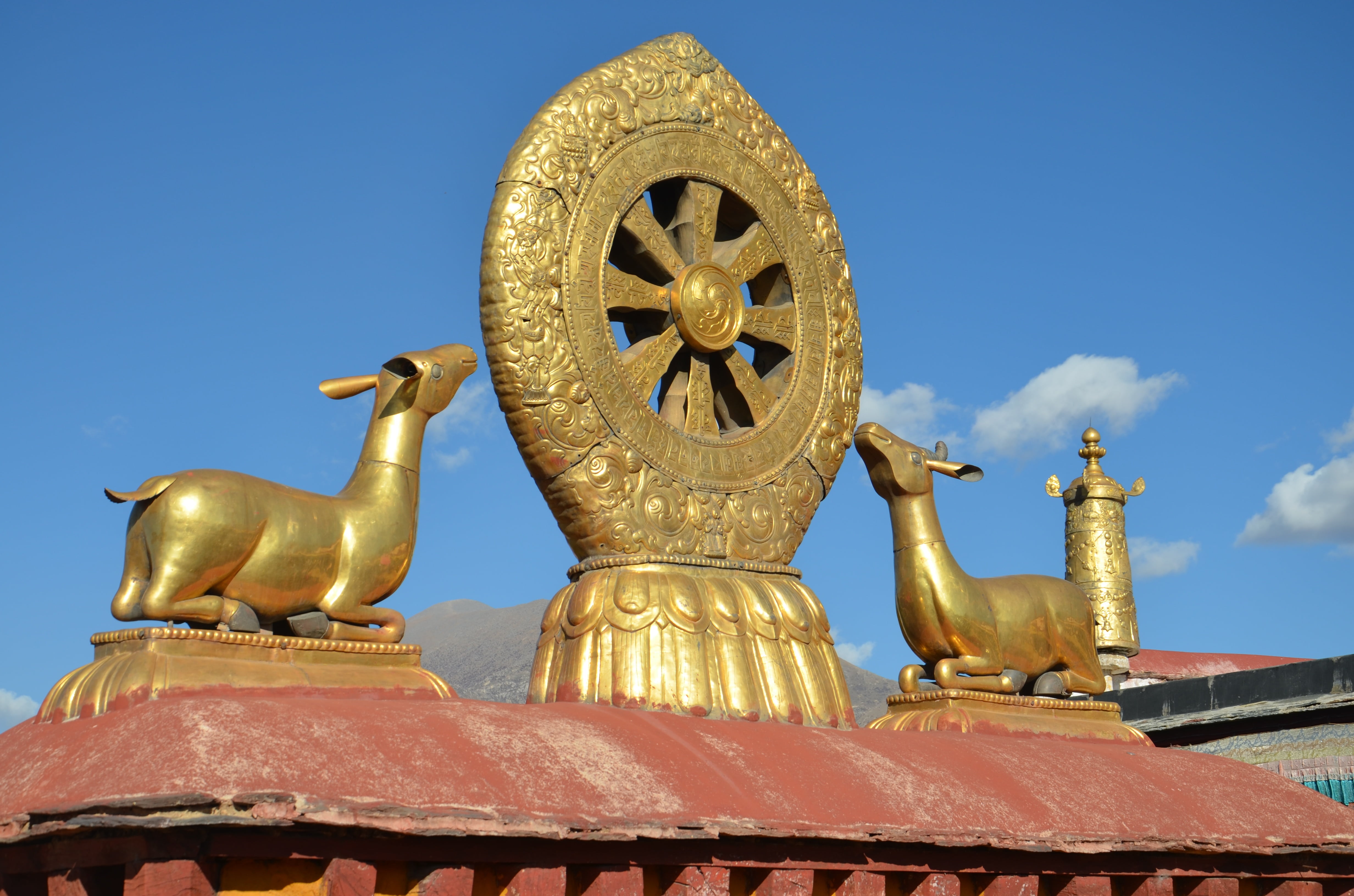 representation, religion, architecture, cultures, tibet, famous Place, blue sky, history, roof, 4K, gold, blue, gold colored, art and craft, statue, sky, HD Wallpaper