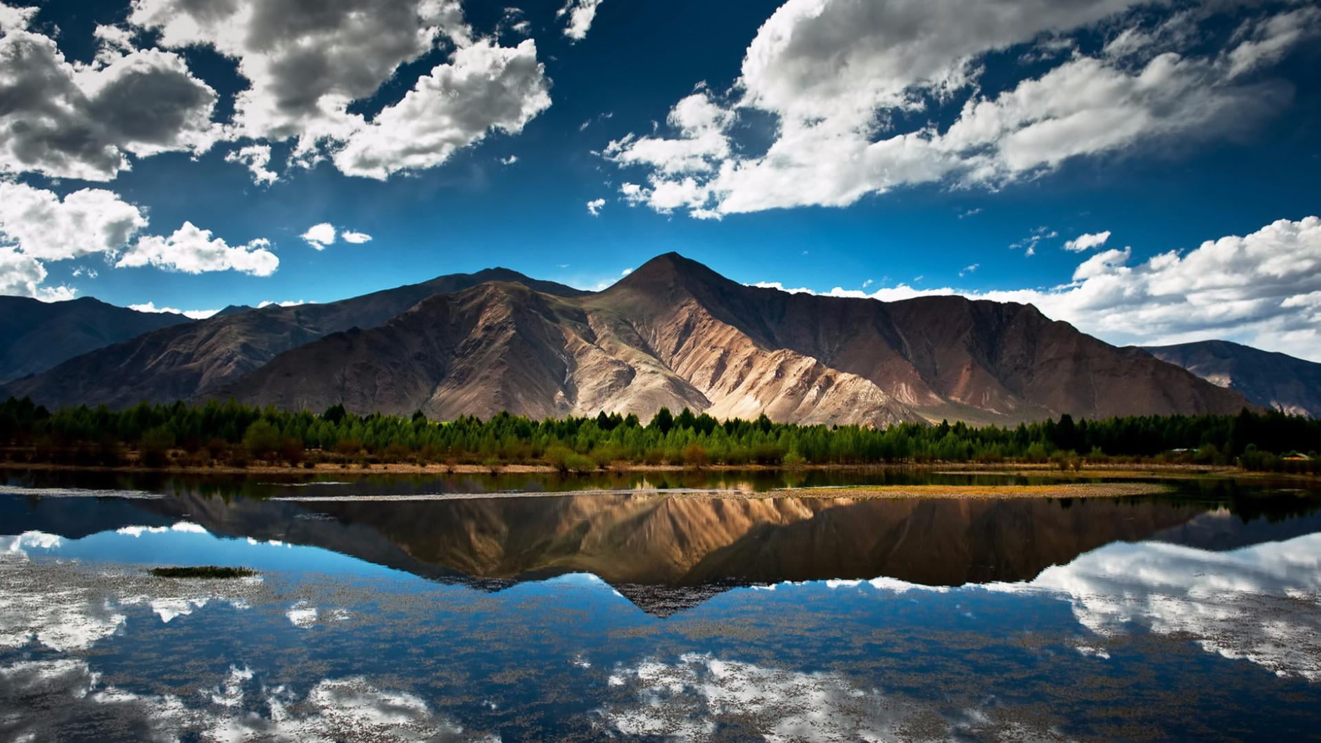 non-urban scene, river, asia, waterfront, reflection, tranquil scene, lhasa river, mountain, idyllic, cloud, beauty in nature, symmetry, maizhokunggar, HD Wallpaper