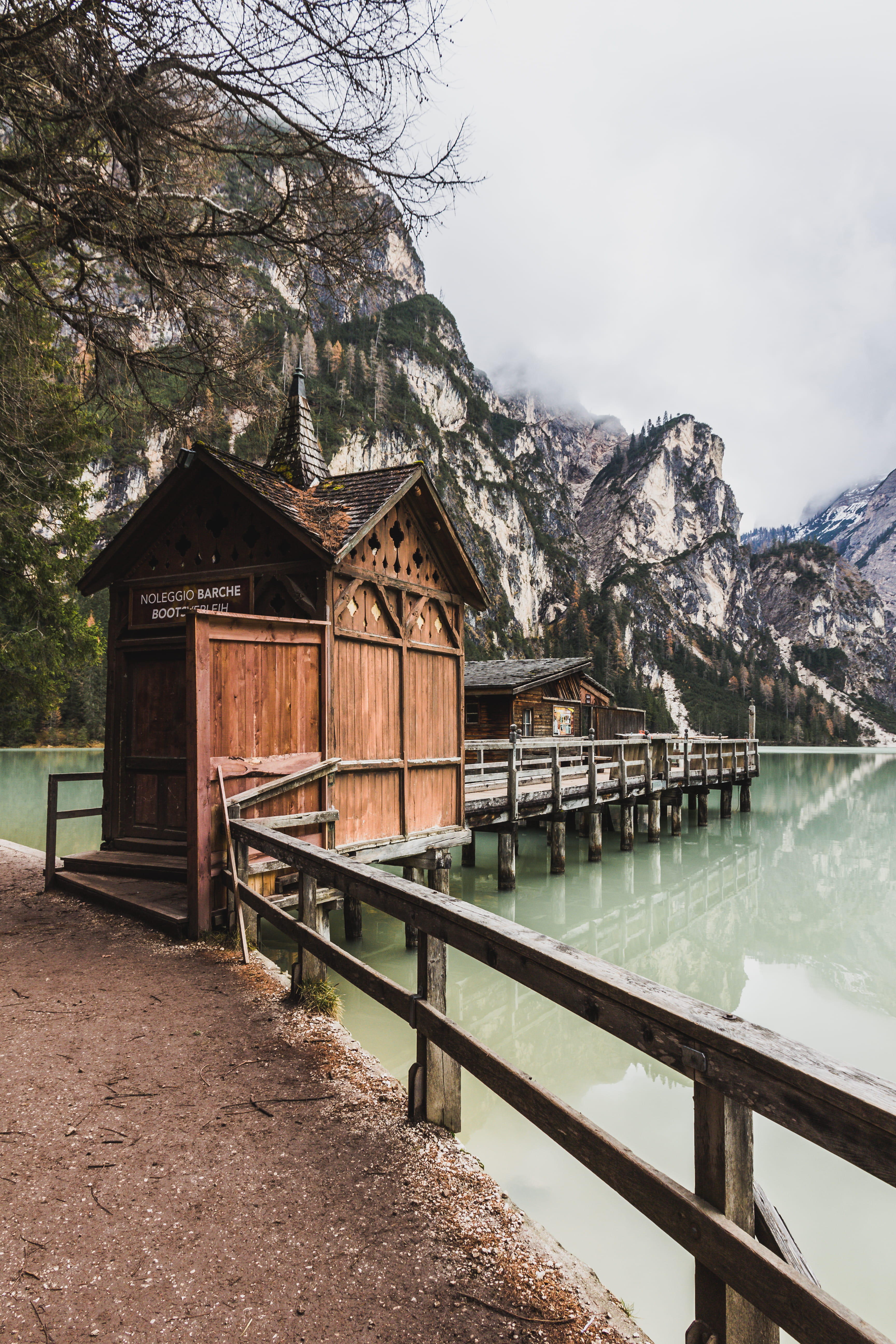 no people, plant, braies lake, building exterior, architecture, railing, outdoors, house, housing, cold temperature, body, port, beauty in nature, winter, Phone HD Wallpaper