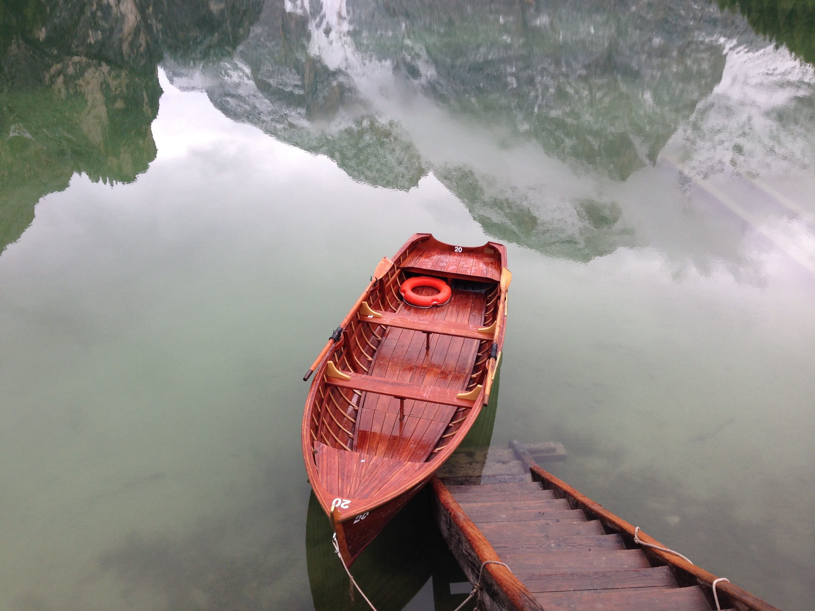sky water, non-urban scene, Wood, south tyrol, rowboat, floating on water, lake braies, dolomites, scenics - nature, river, water, no people, 2K, reflections, HD Wallpaper