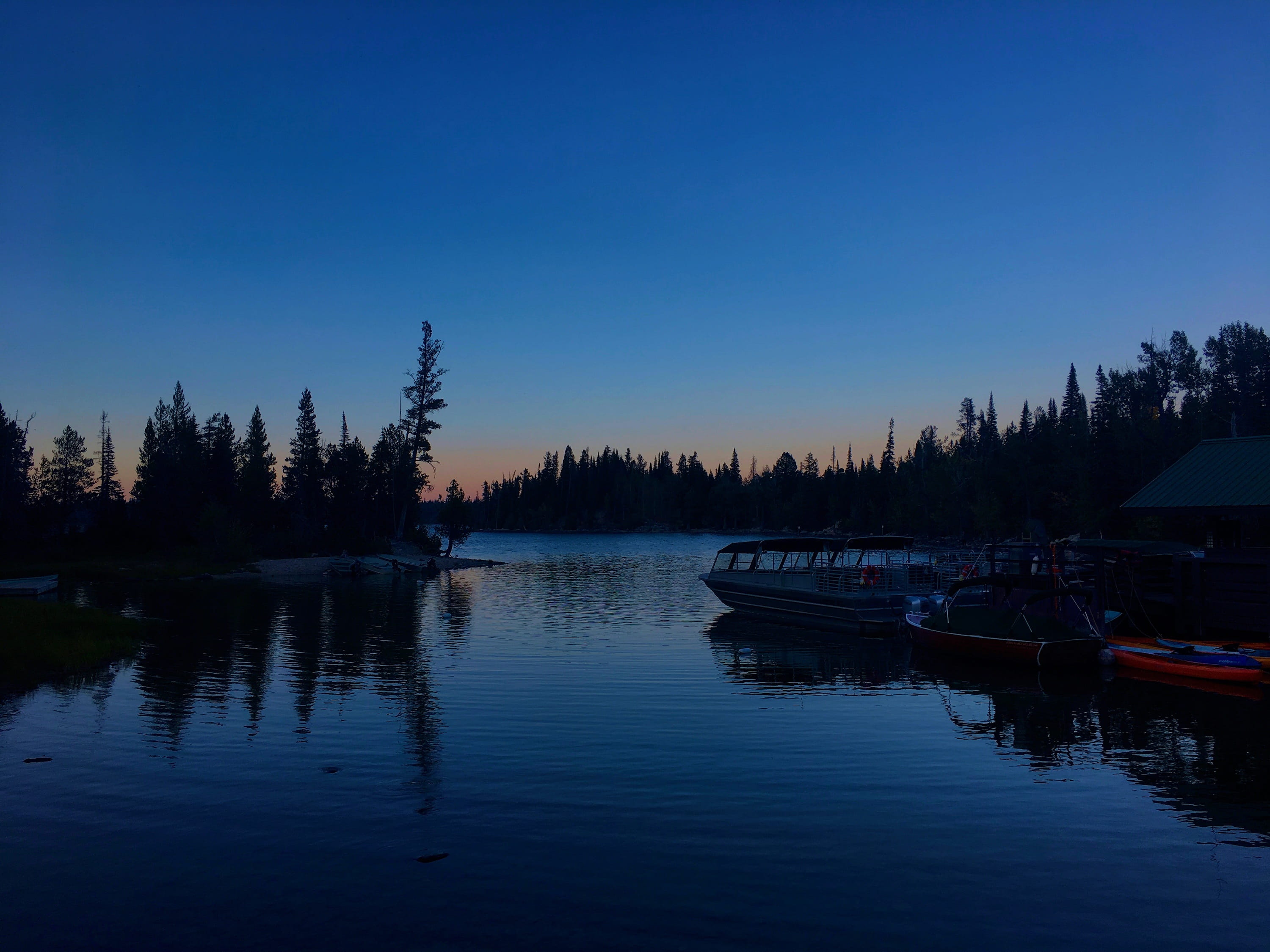 mood, peaceful, scenics - nature, twilight on jenny lake, beauty in nature, twilight, clear sky, afterglow, blue, calm, copy space, sky, waterfront, teton, HD Wallpaper