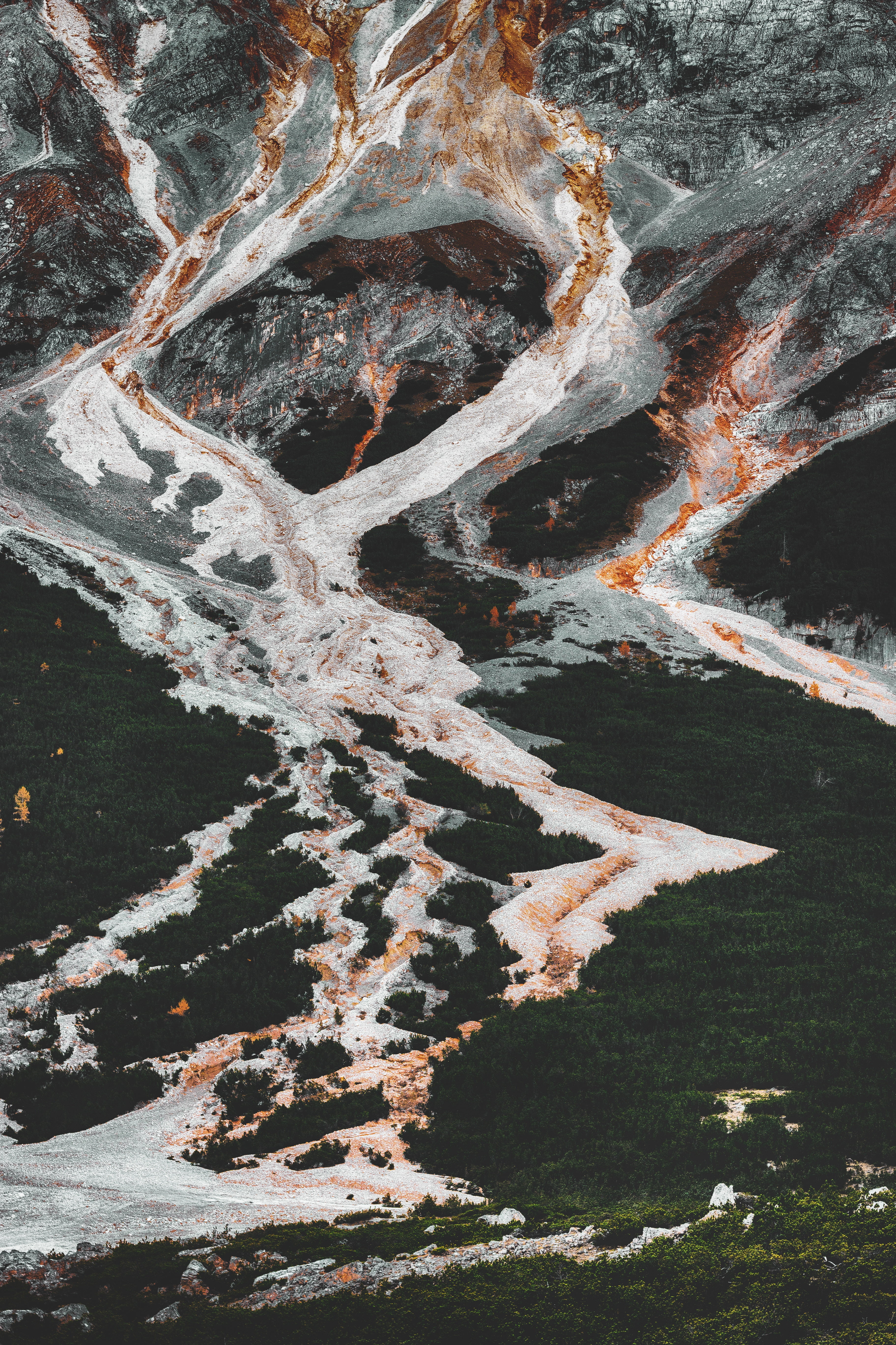 high angle view, non-urban scene, trees, lava, 5K, road, no people, nature, full frame, outdoors, cold temperature, tree, transportation, sign, day, water, Phone HD Wallpaper