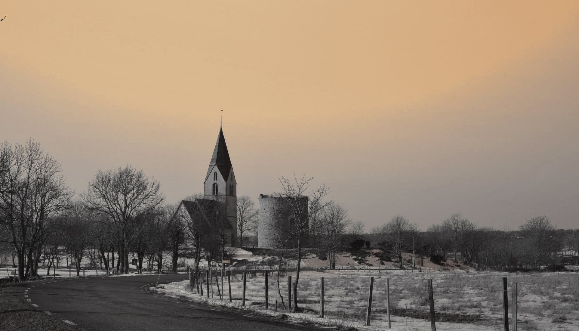 building, spire, no people, architecture, bare tree, winter, cold temperature, Southern, religion, built structure, sunset, tree, 1080P, nature, Gotland, HD Wallpaper