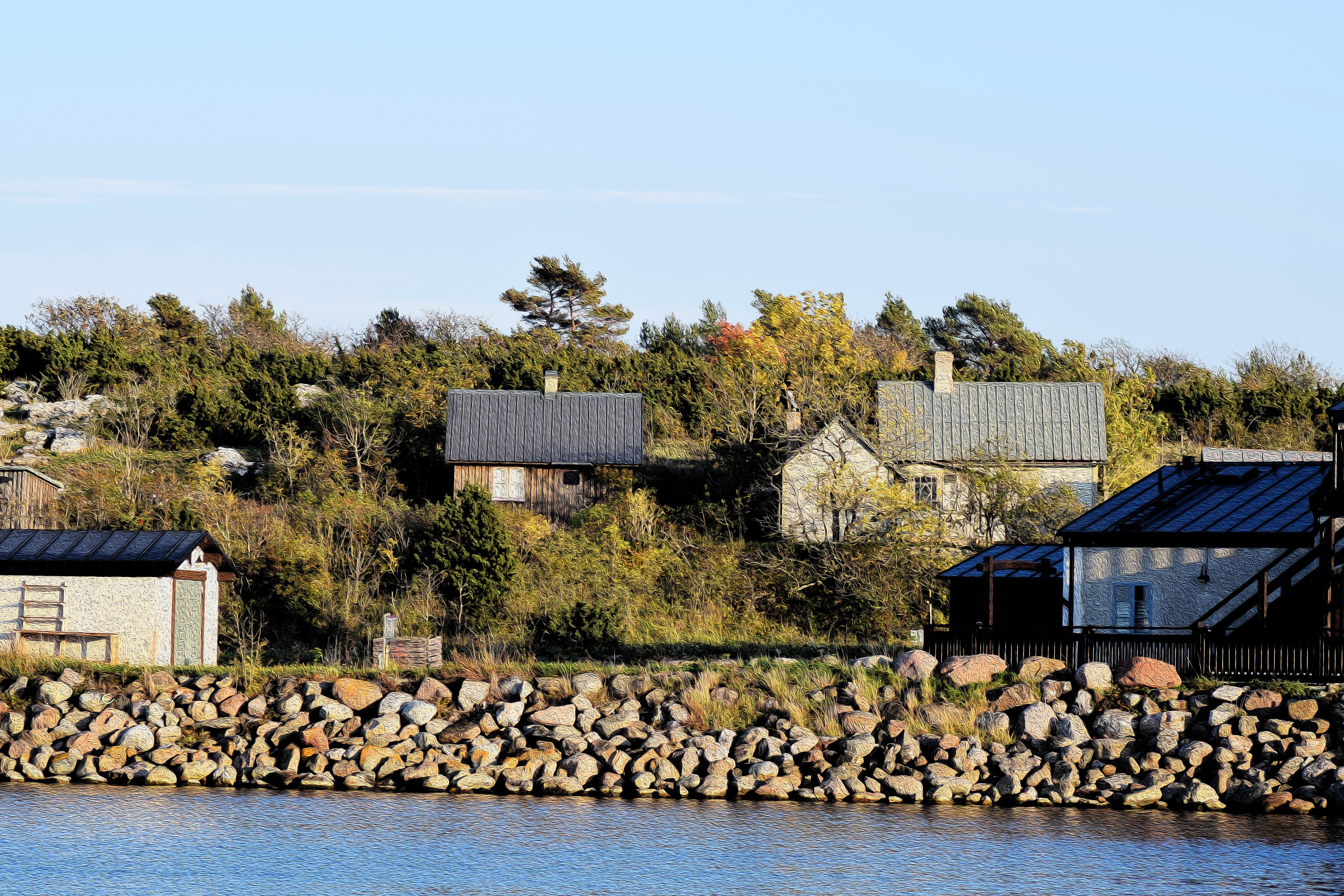 building, built structure, house, water, nature, roof, residential district, port, day, sky, lake, 5K, gotland, architecture, clear sky, outdoors, tree, HD Wallpaper