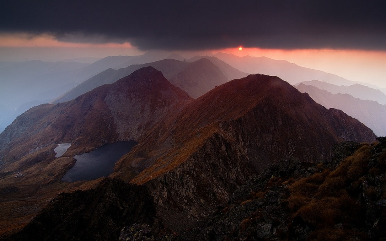 480P, landscape, mist, mountain, nature, lake, sunset, summit, clouds, HD Wallpaper