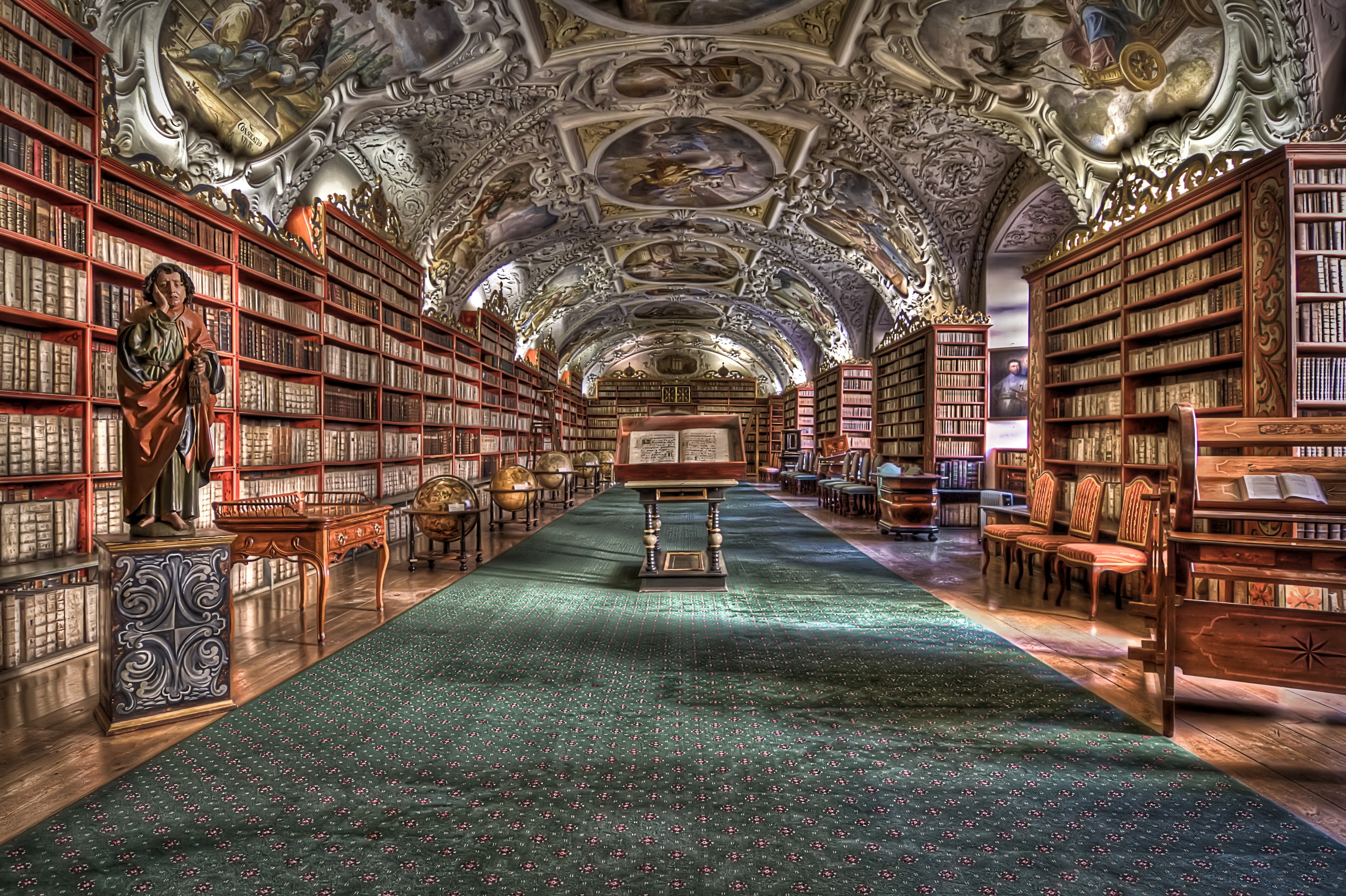 education, history, ceiling, shelf, fresco, architecture, no people, the past, 4K, flooring, Prague, ornate, Strahov monastery, library, mural, tiled floor, HD Wallpaper