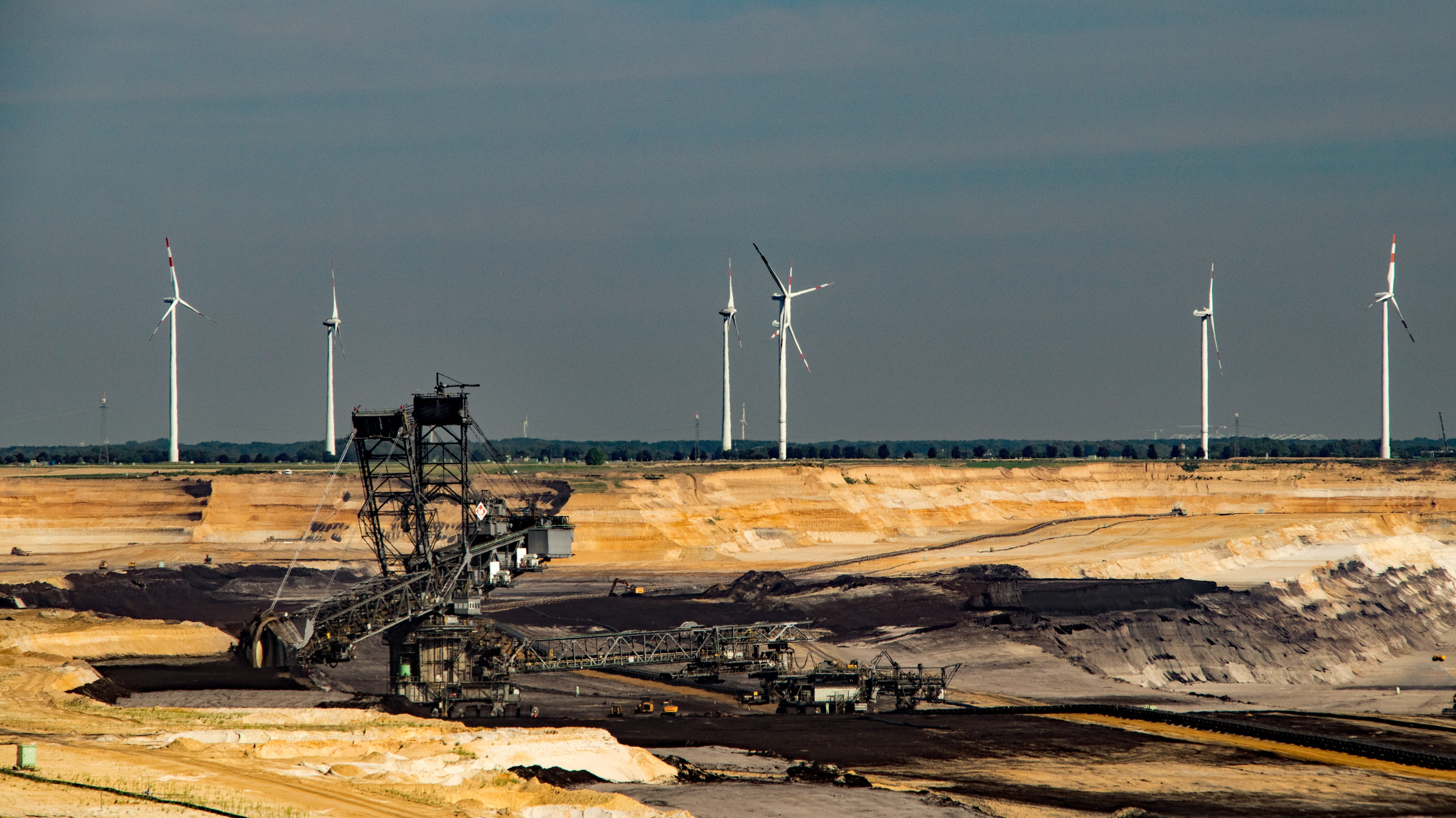 mining, garzweiler, environment, renewable energy, fuel and power generation, sunlight, sky, paddle wheel, transportation, carbon, landscape, industry, HD Wallpaper