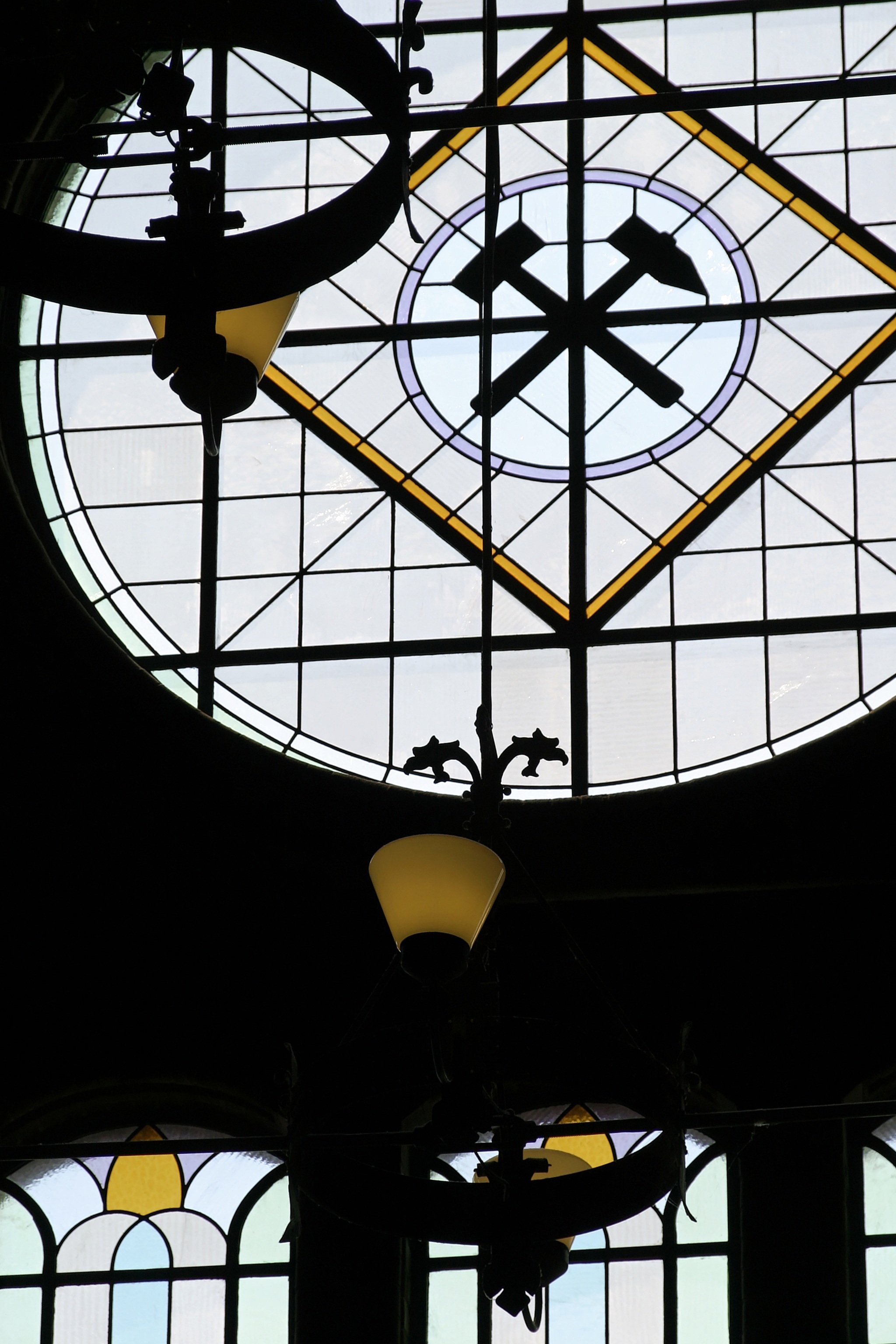 hanging, transparent, window, industrial heritage, skylight, industrial park, built structure, ruhr area, carbon, clock, indoors, yellow, light, pattern, Phone HD Wallpaper