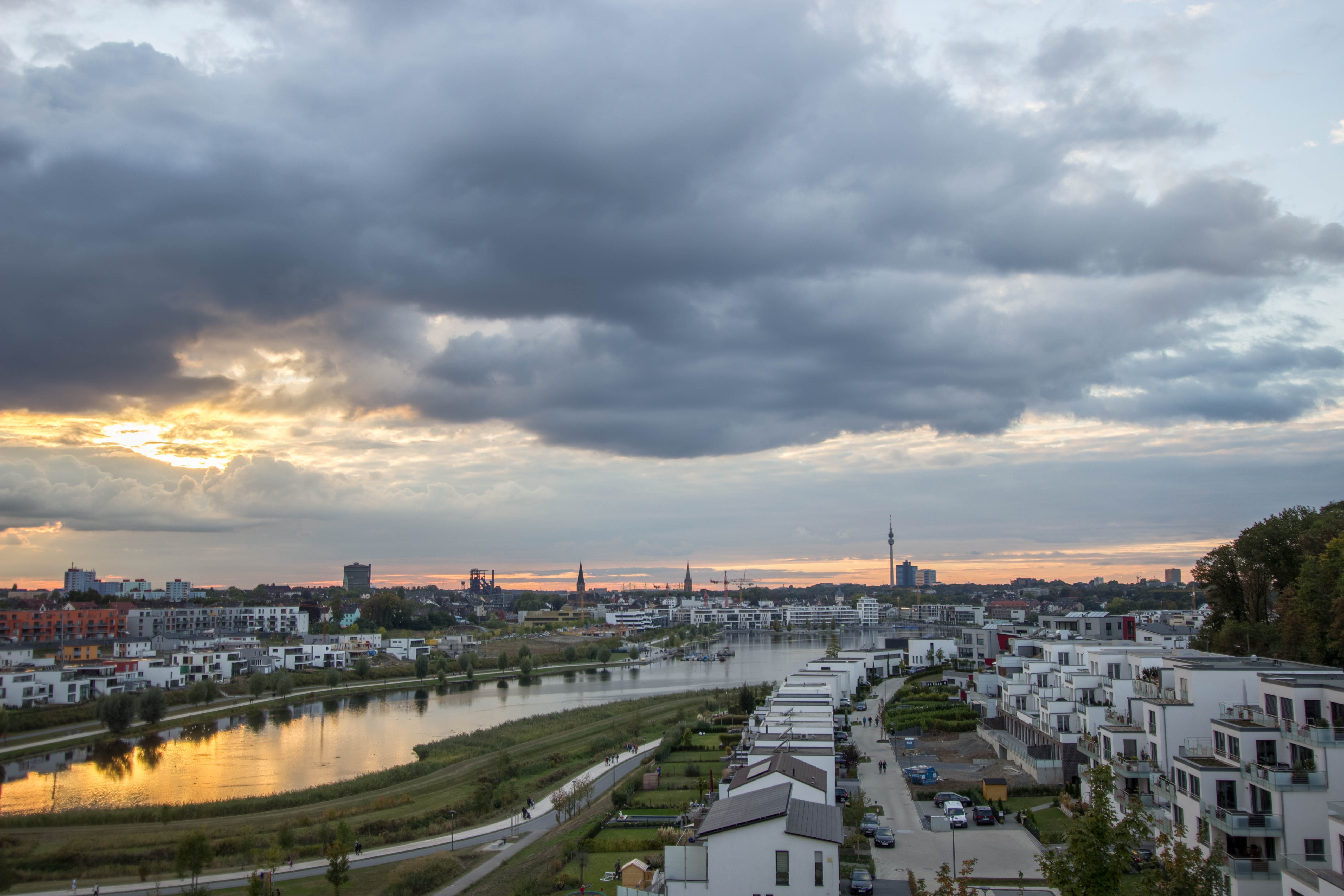 car, cathedral, road, travel destinations, Dortmund, outdoors, water, mood, mode of transportation, sunset, building exterior, urban Skyline, north rhine westphalia, HD Wallpaper