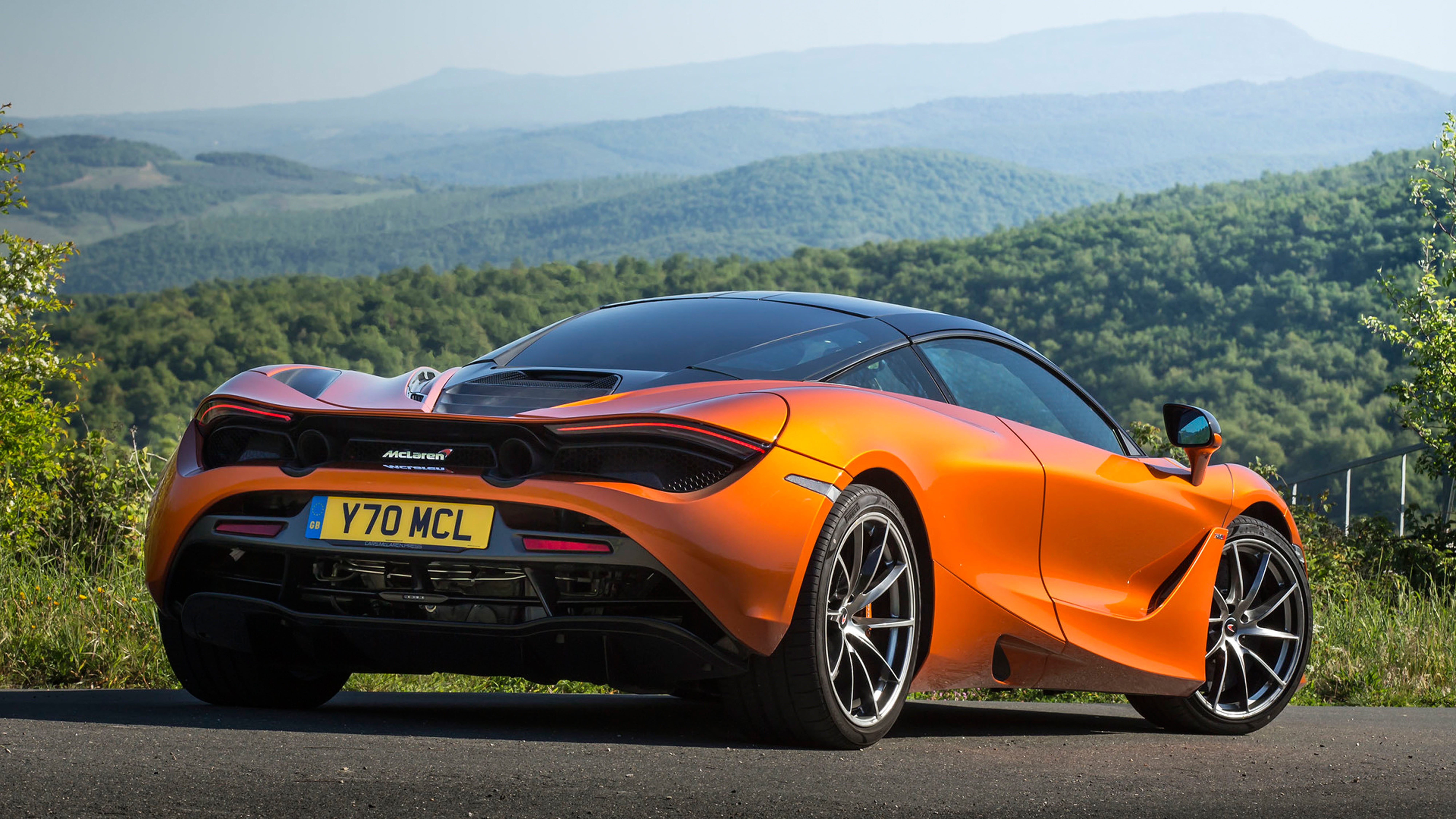 wheel, competition, car, orange, 720s, 8K, no people, sky, coupe, outdoors, tire, land vehicle, tree, transportation, sports car, plant, motion, s, road, HD Wallpaper