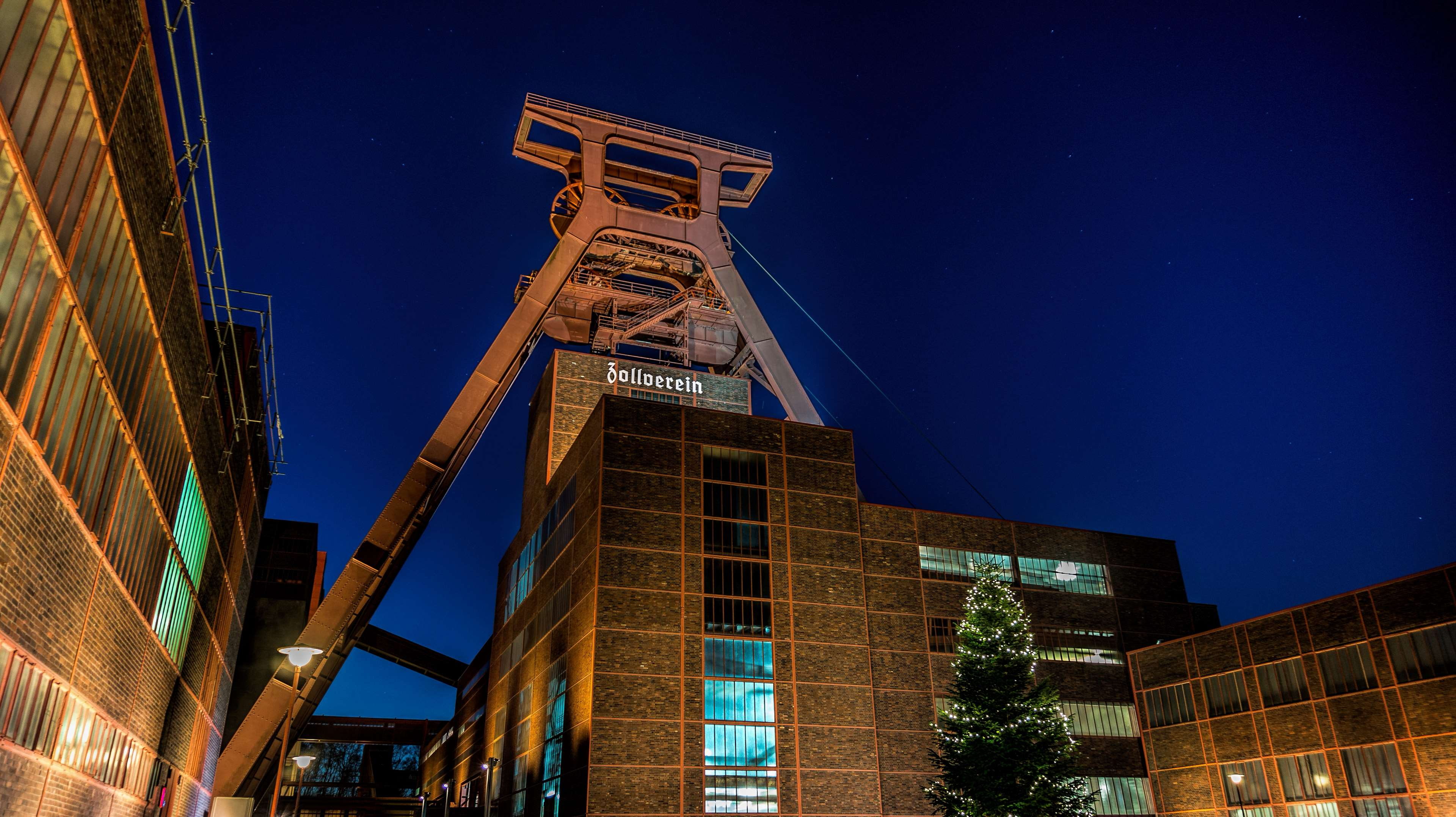 office building exterior, mine, dusk, city, no people, night, outdoors, industrial heritage, eat, illuminated, nature, world heritage, 4K, tall - high, HD Wallpaper