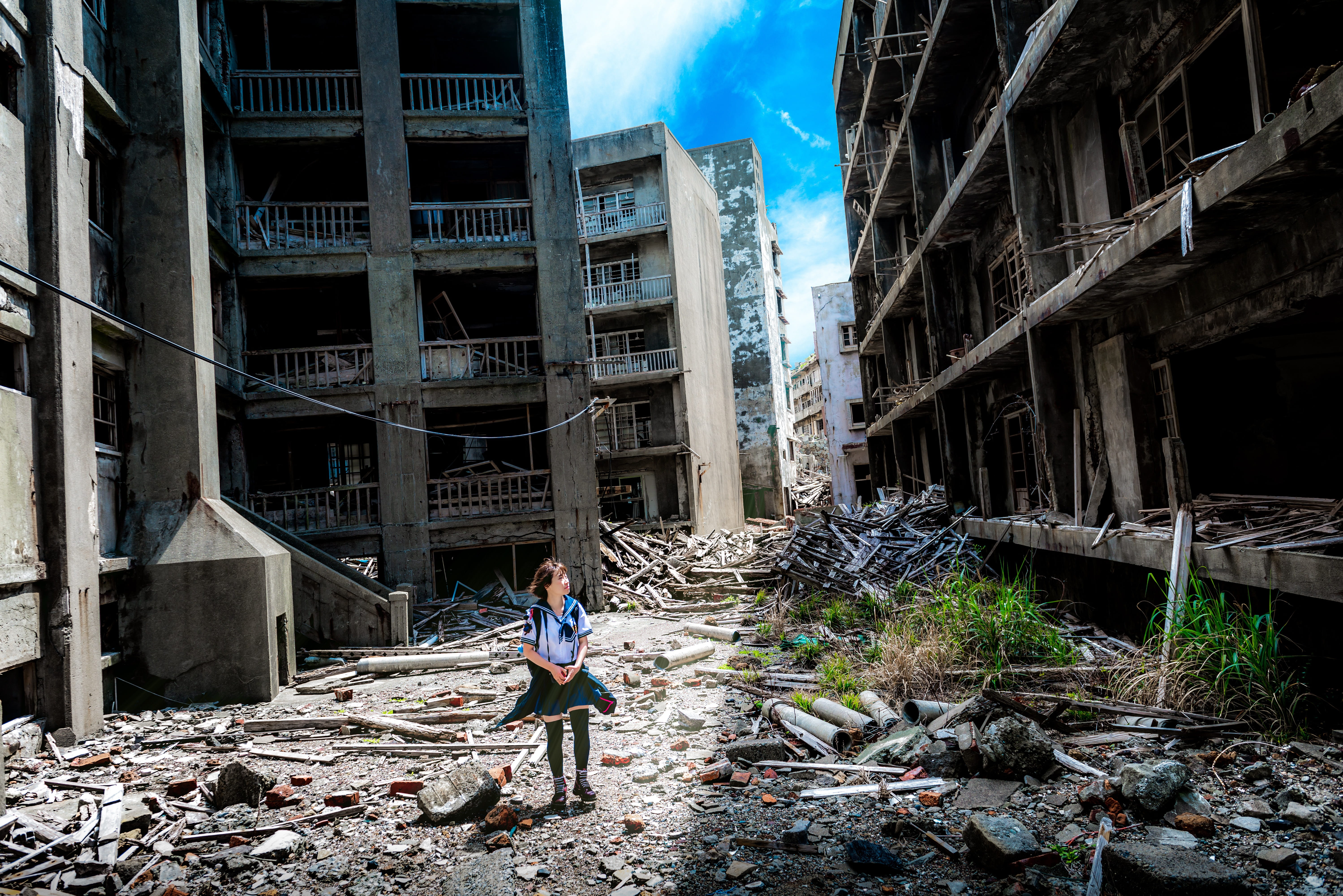 panoramic, world, old, building, men, ghost, lifestyles, obsolete, japan, uninhabited, coal mine, day, mining, asia, abandoned, standing, real people, casual clothing, HD Wallpaper