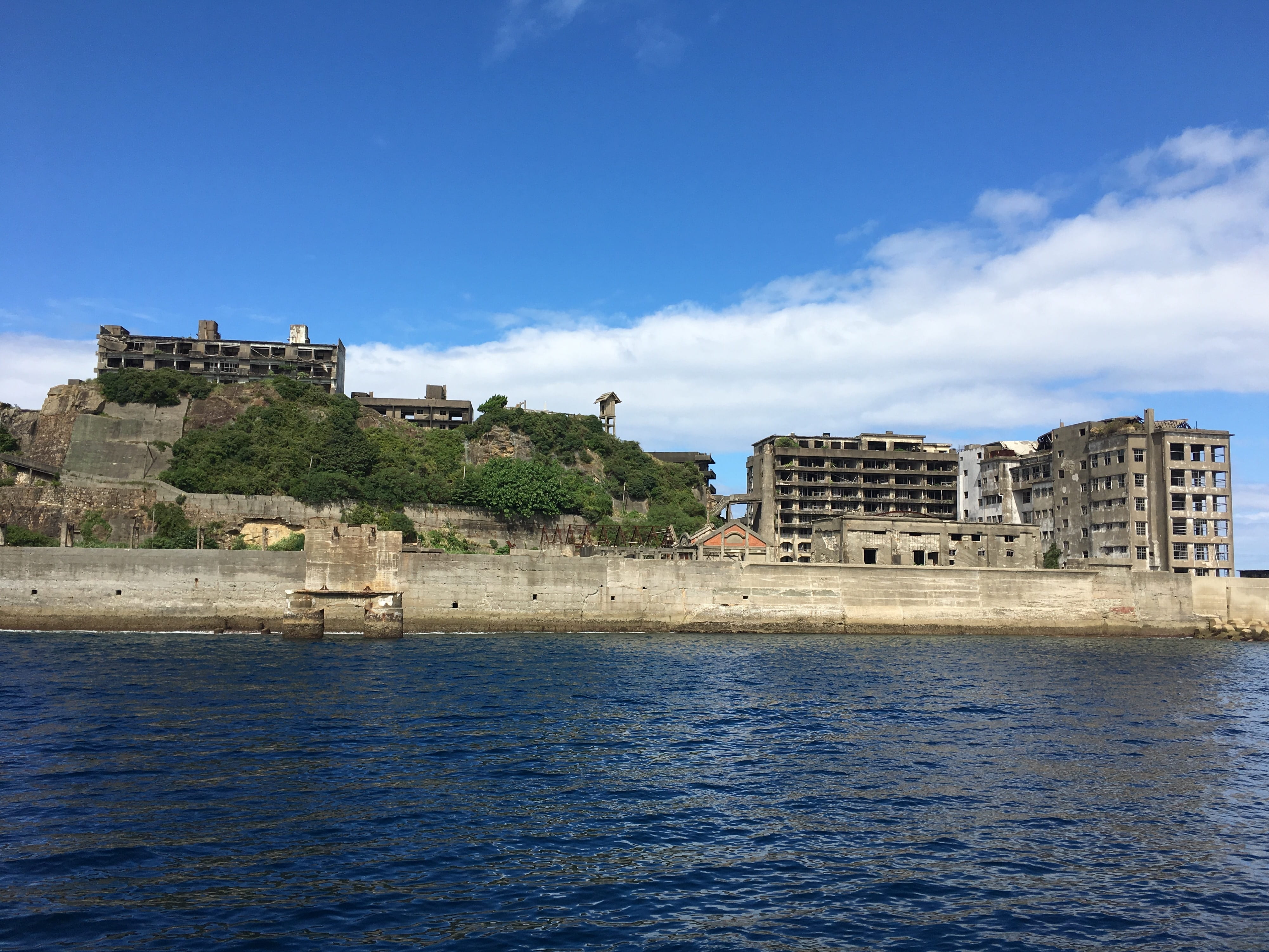 ghost town, battleship island, history, cloud - sky, blue, historic, hashima, water, historical, travel destinations, world heritage, architecture, abandoned, HD Wallpaper
