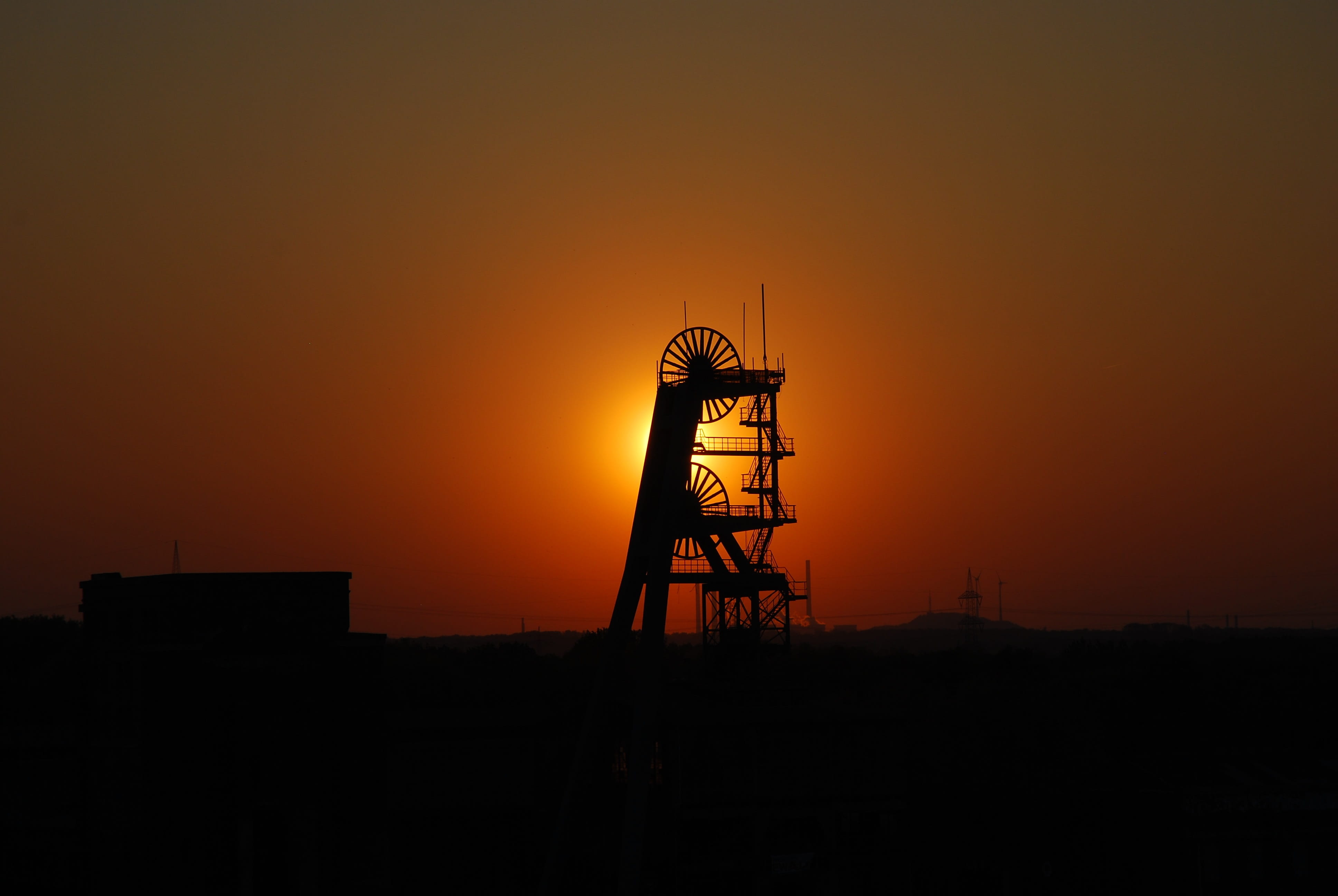 fuel and power generation, sunset, nature, Herten, copy space, silhouette, architecture, tower, bill, headframe, scenics - nature, built structure, sun, HD Wallpaper