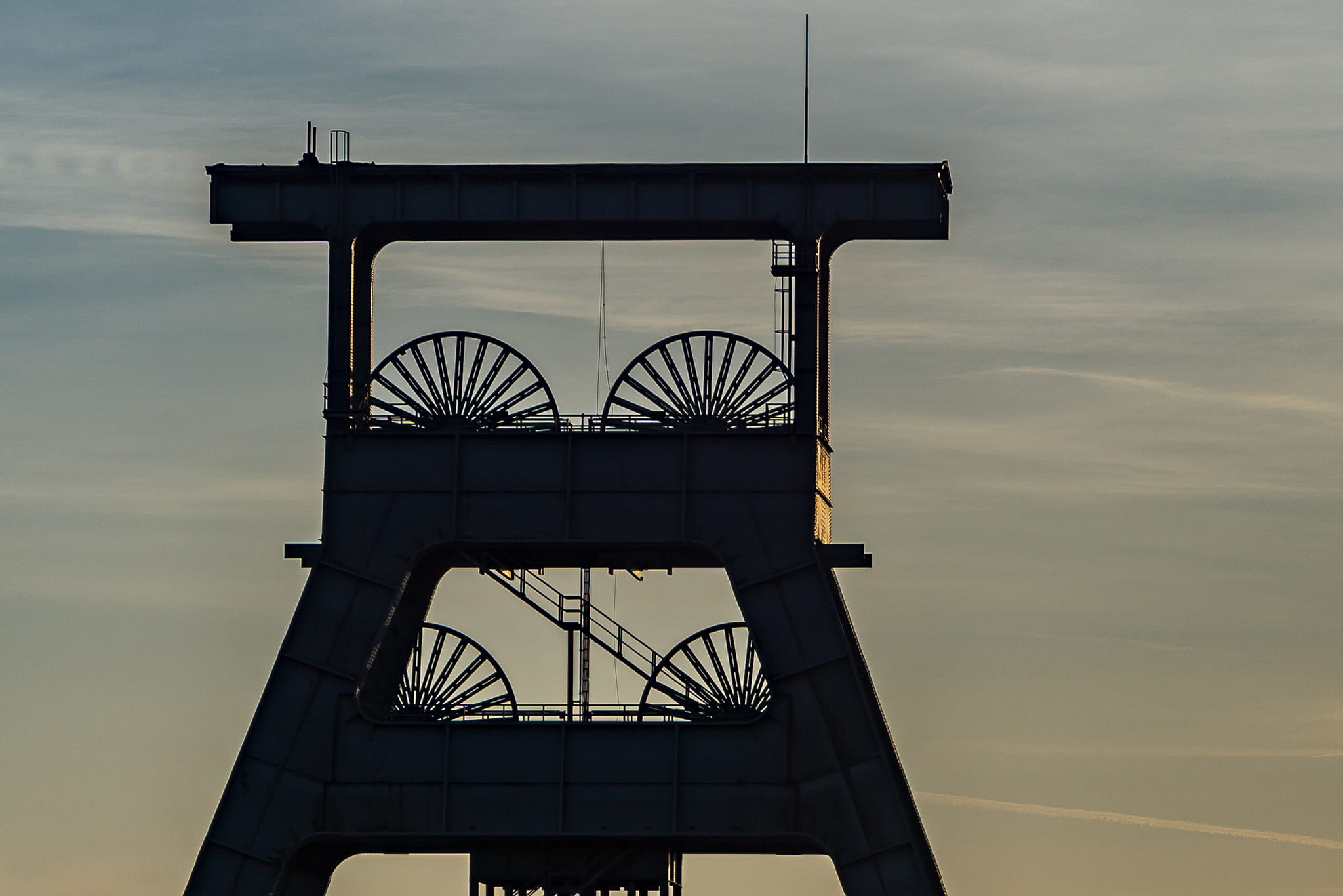 dusk, sky, transportation, built structure, nature, safety, ruhr area, day, shape, architecture, no people, sunset, headframe, ewald, industry, cloud - sky, HD Wallpaper