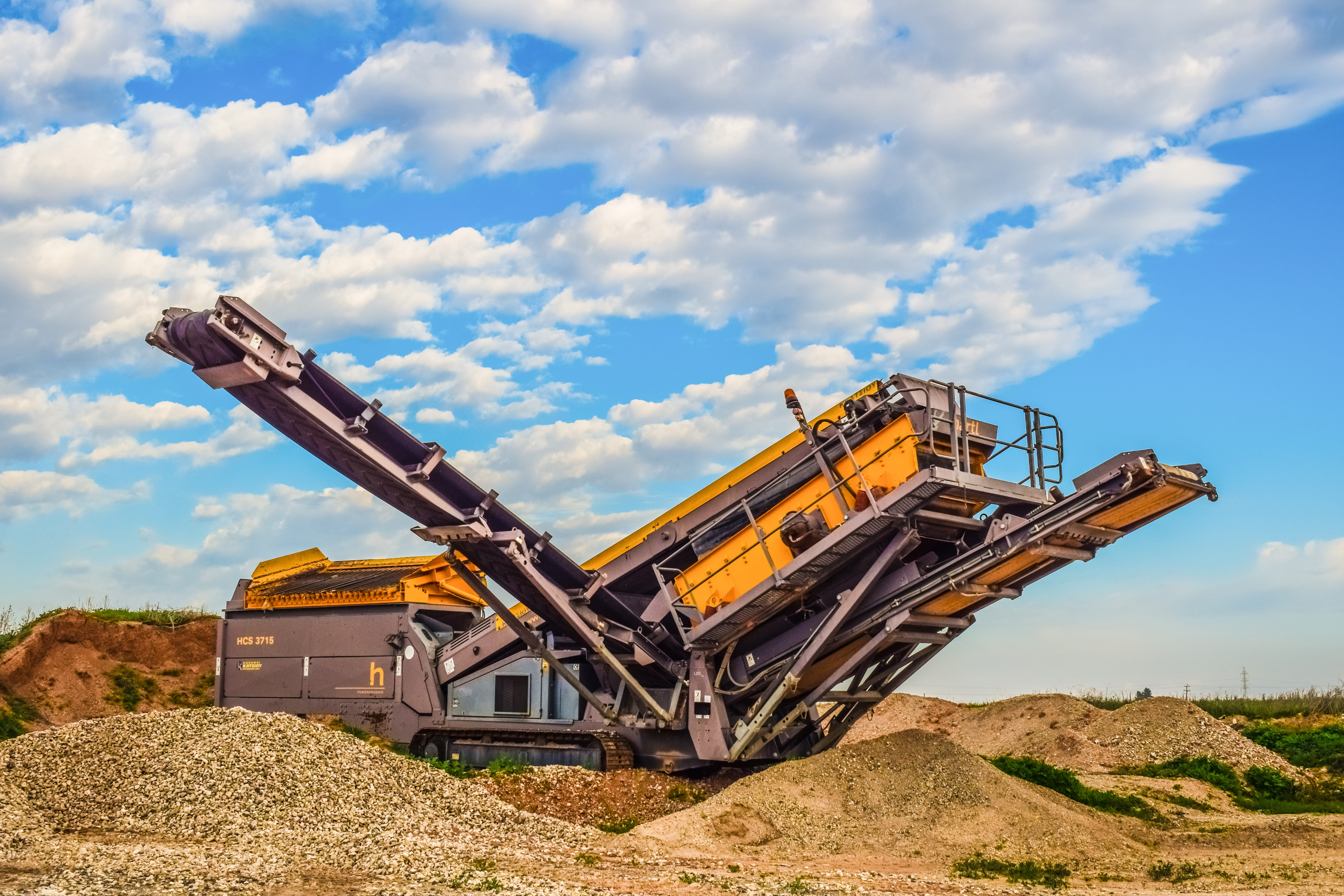 machinery, yellow, cloud - sky, mining, industry, machine, fuel and power generation, 5K, black, environment, nature, sky, sunlight, heavy, equipment, HD Wallpaper