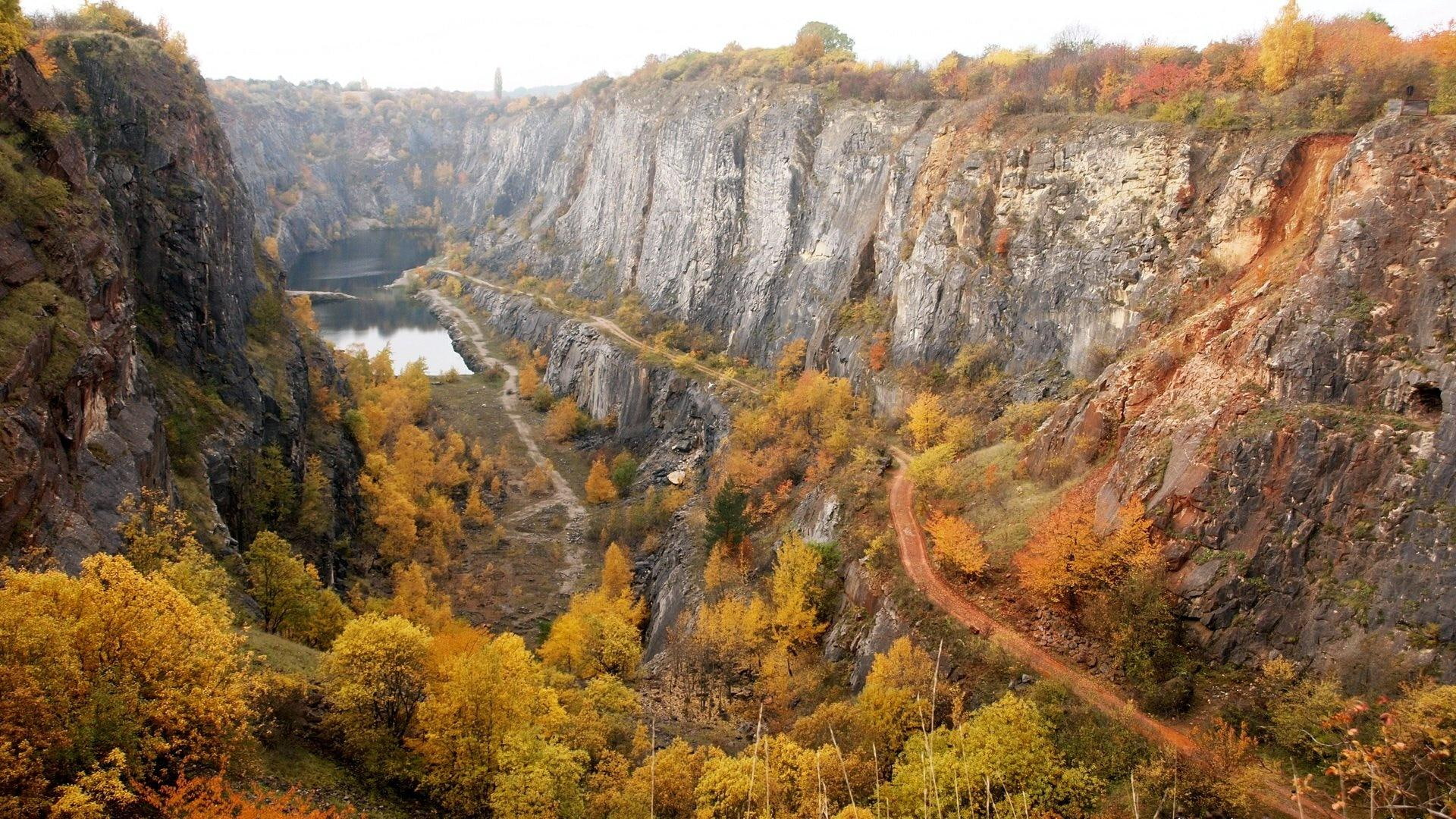 cliffs, quarry, old, aboned, road, nature and landscapes, pool, 1080P, HD Wallpaper