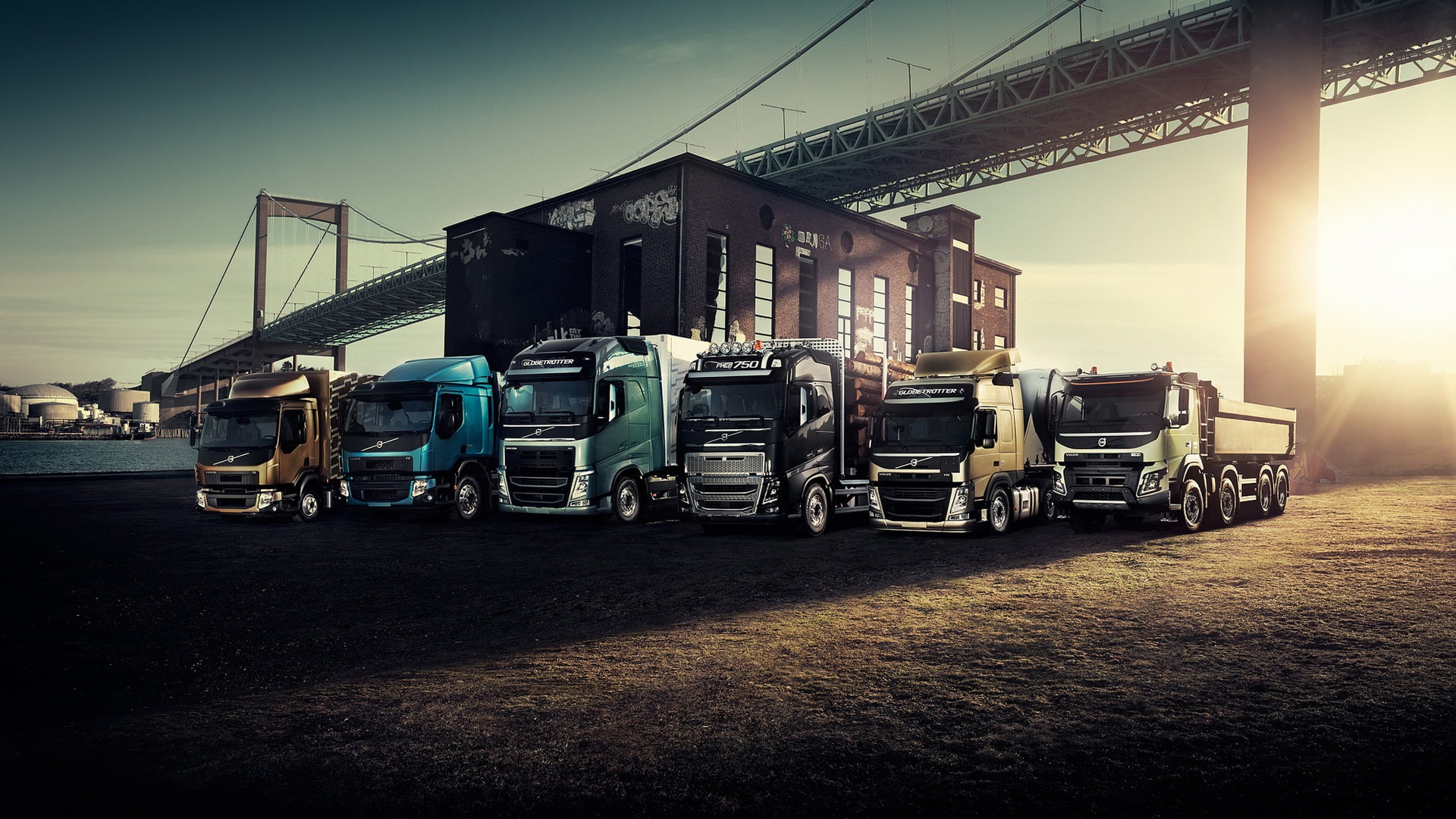 Sunset, Volvo, Trucks, Bridge, lot, freight, 1080P, truck, HD Wallpaper