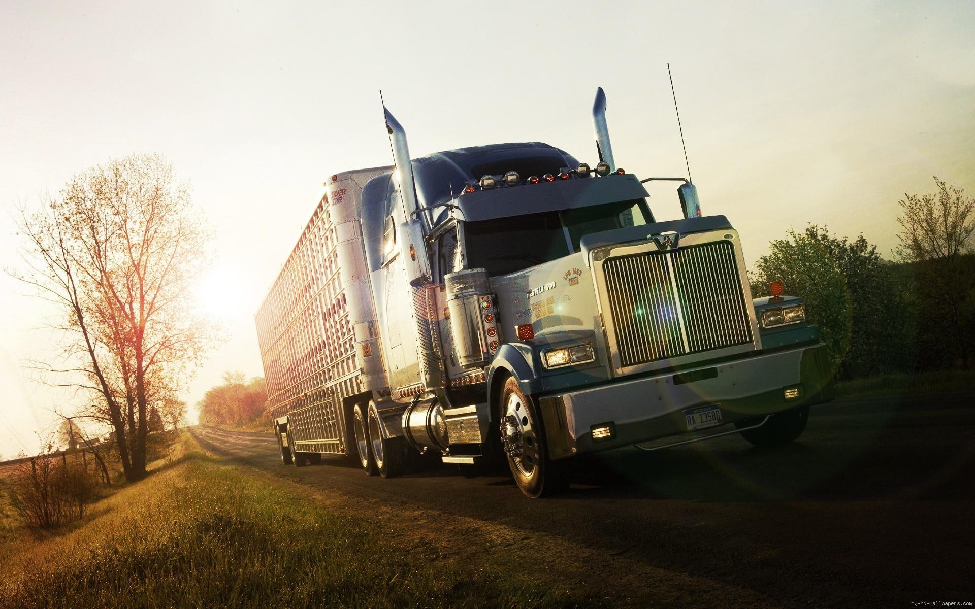 transport, freight, gray, 1080P, road, black, sunset, truck, HD Wallpaper