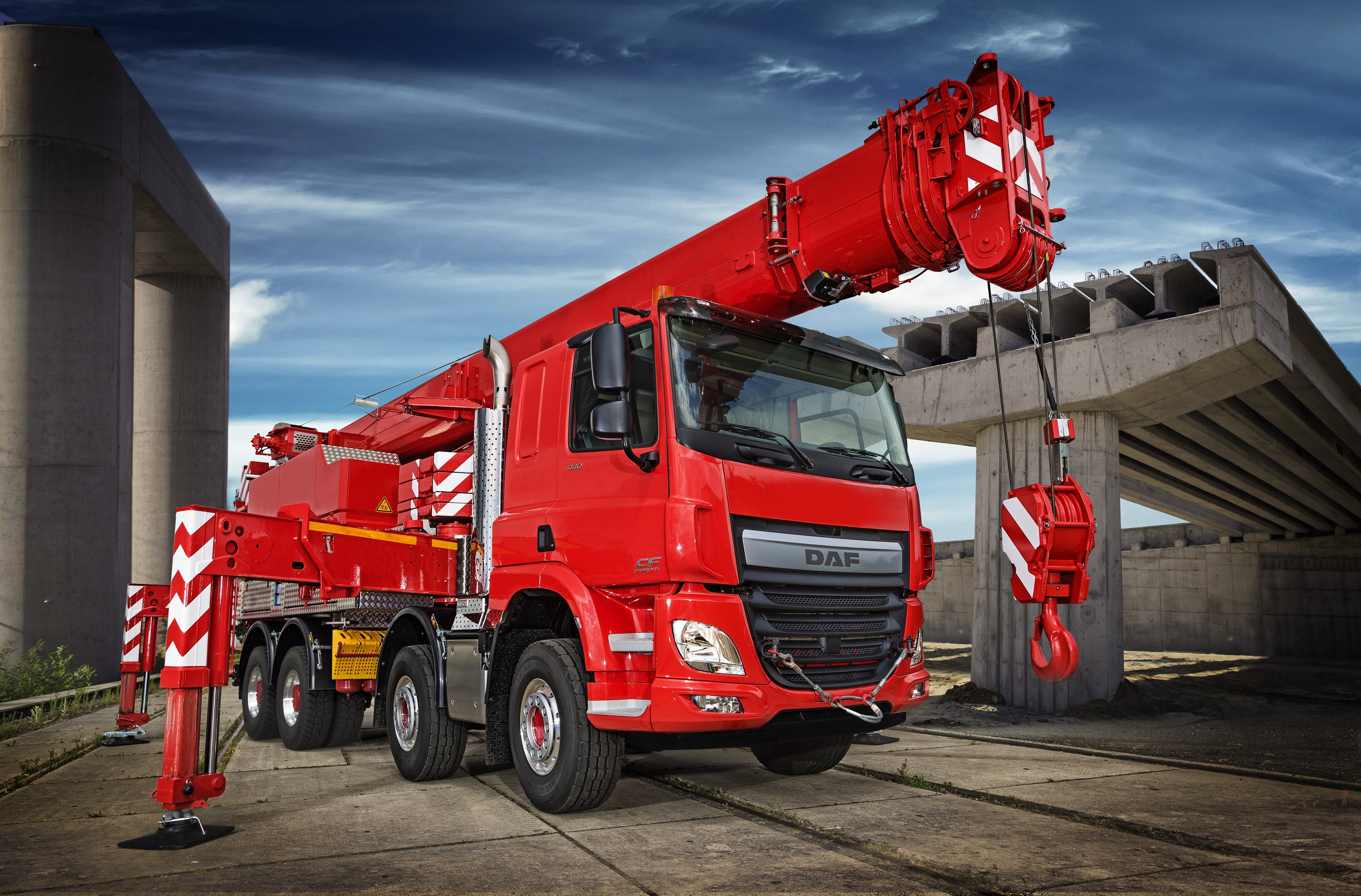 platform, crane, DAF CF 440 FAD, 8x4, 2K, Euro6, DAF, stops, red, design, HD Wallpaper