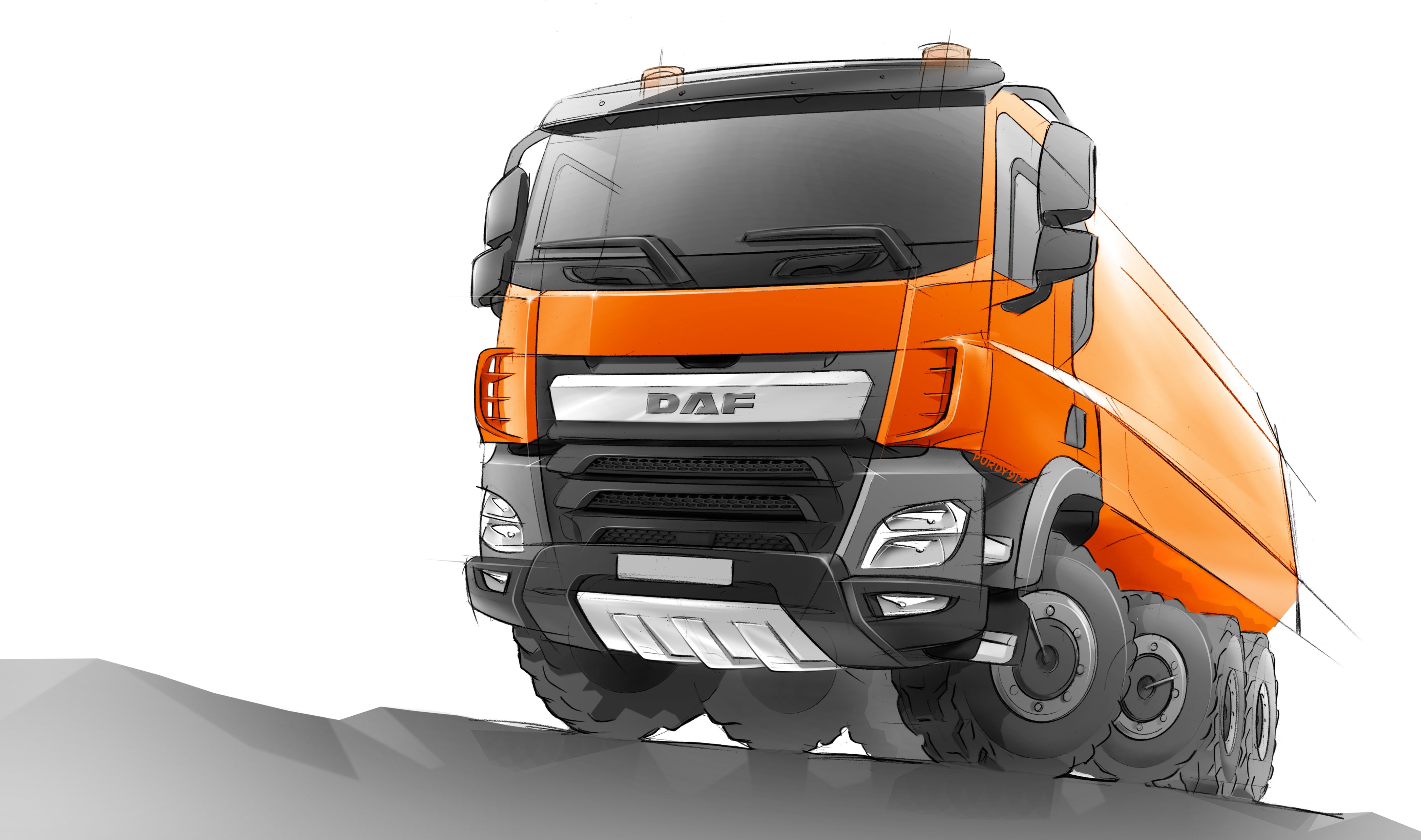figure, dump truck, orange, 4K, 8x4, sketch, DAF, the sketch, DAF CF, HD Wallpaper