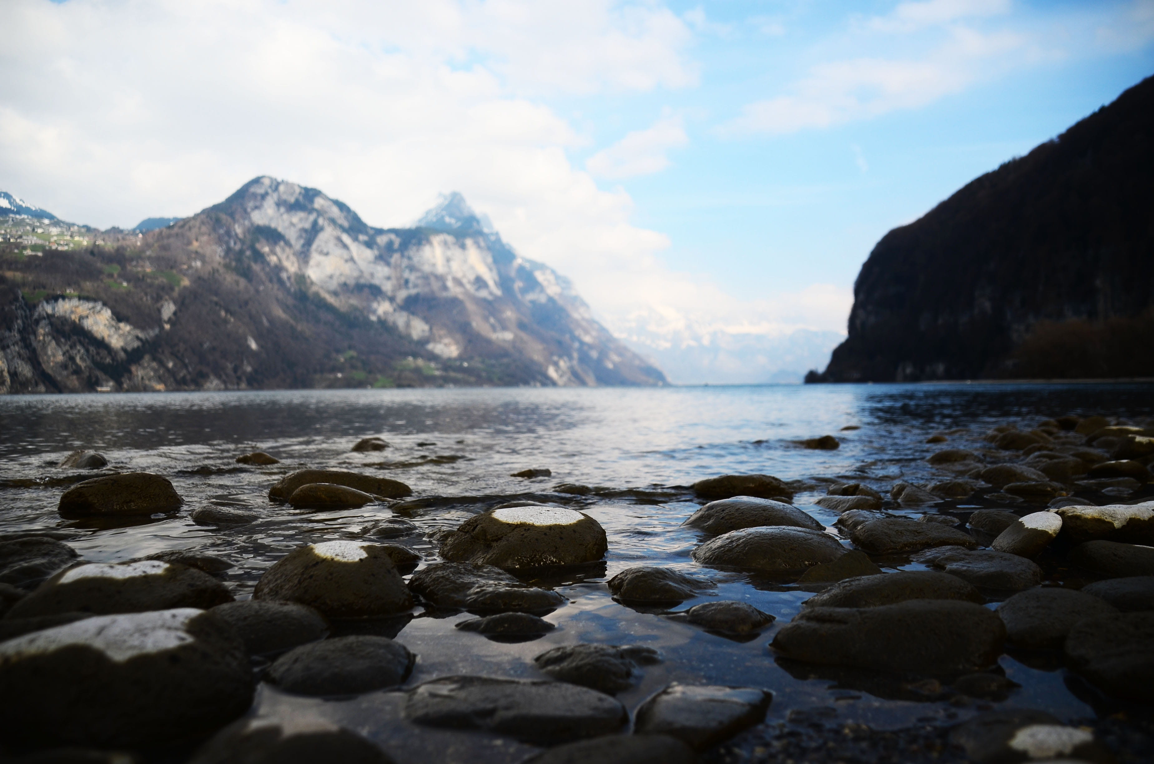 photography, stone, water, formation, day, lake walen, sea, no people, beach, lake, scenics - nature, rock - object, land, surface level, landscape, walensee, HD Wallpaper