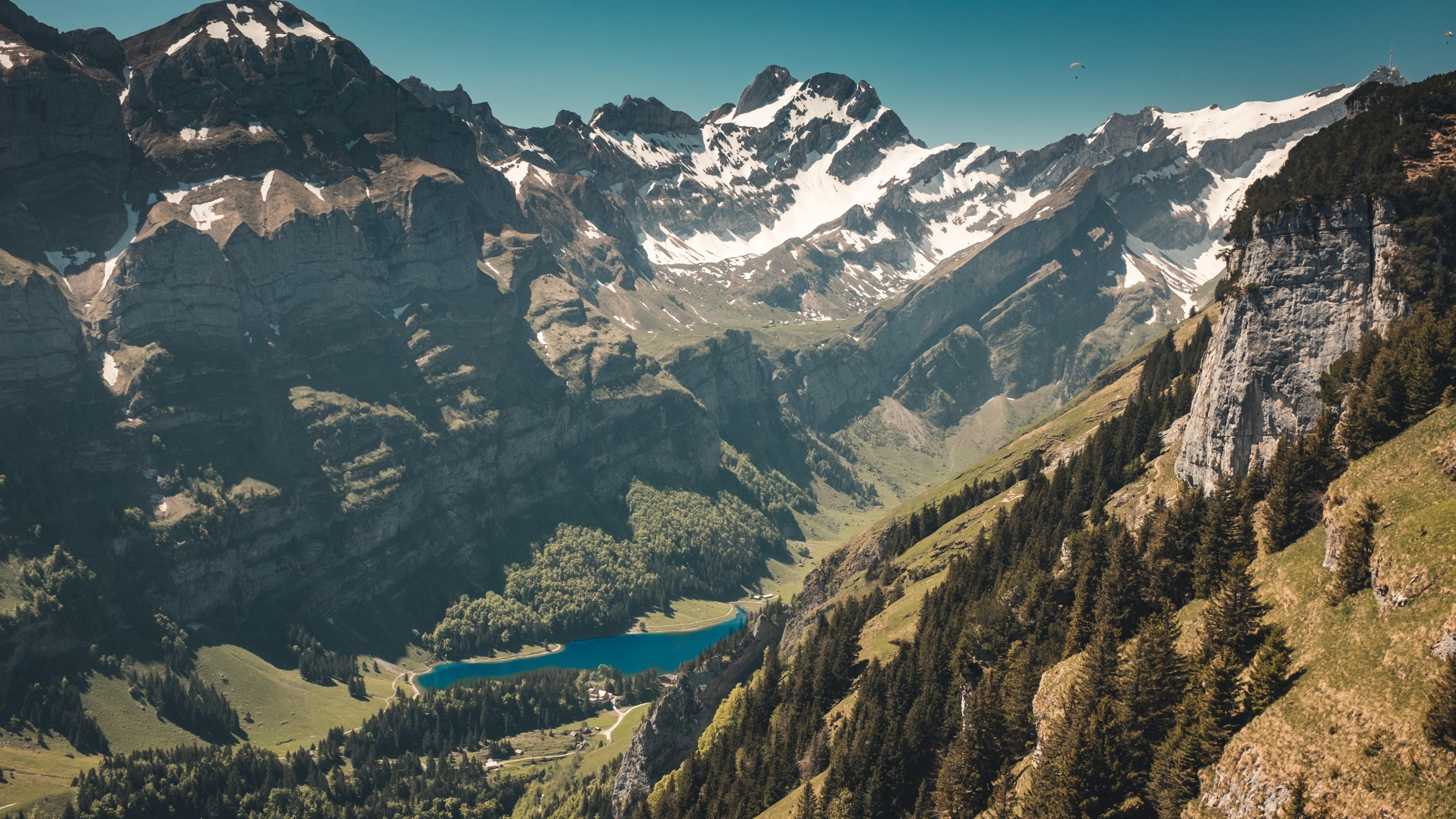 rock, nature, sunlight, land, day, beauty in nature, plant, wilderness, environment, valley, massif, mountain range, tree, alps, 4K, lake walen, non-urban scene, HD Wallpaper