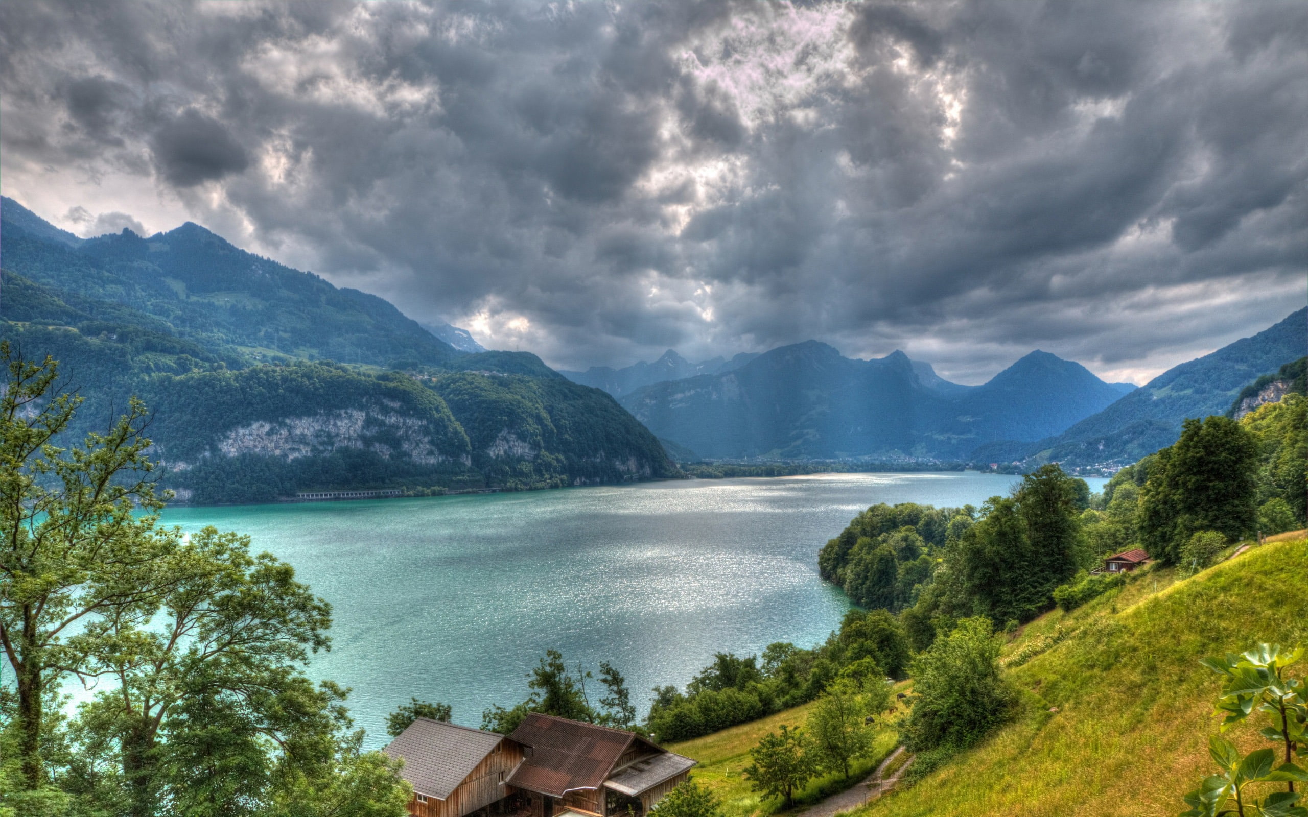 walensee, architecture, beauty in nature, day, mountain range, water, tranquil scene, lake, switzerland, hd, scenics - nature, non-urban scene, tranquility, HD Wallpaper