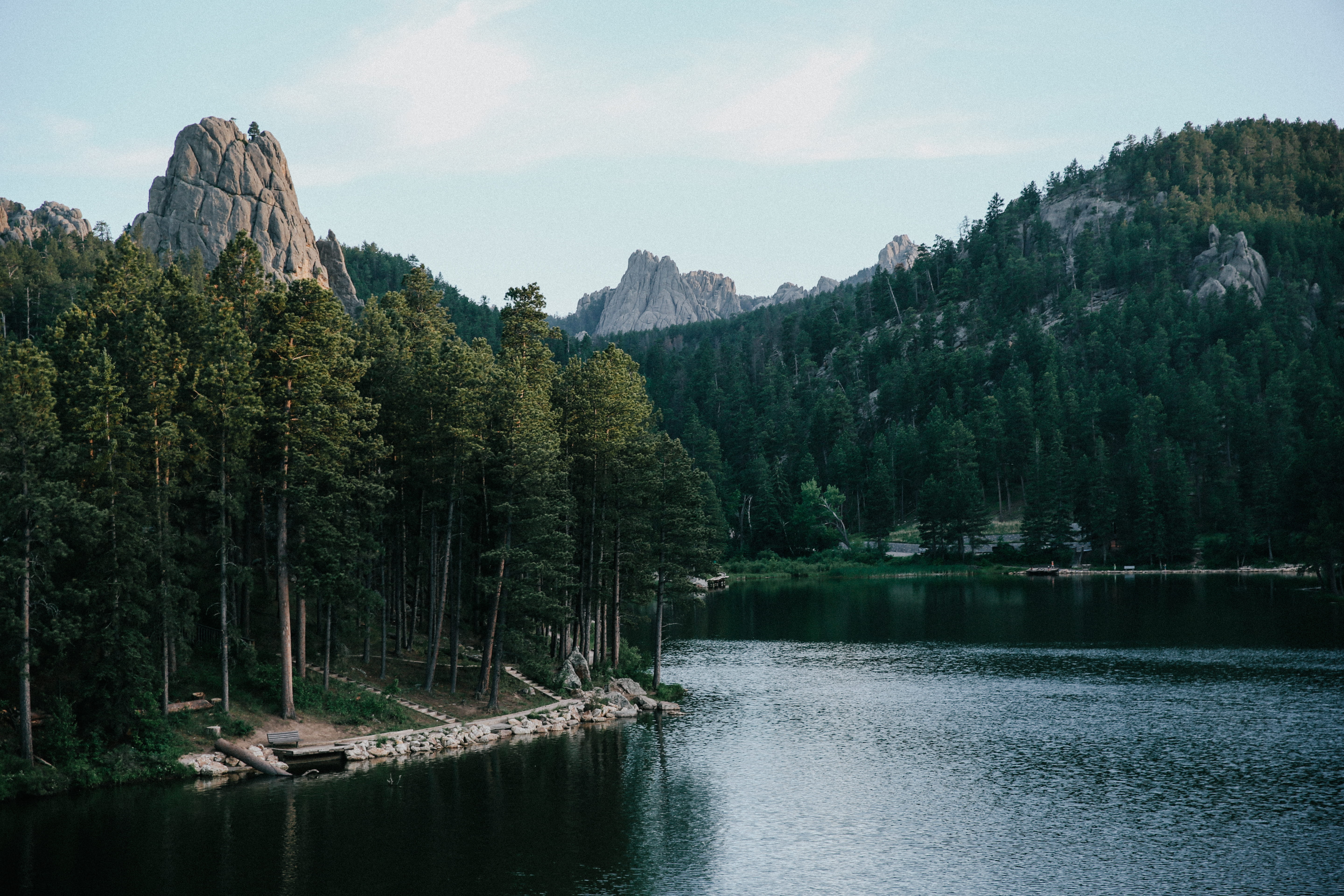 pine tree, scenics - nature, plant, south, idyllic, trees, cloud - sky, day, lake, 5K, dakota, landscape, mountain, coniferous tree, mountains, tree, no people, HD Wallpaper