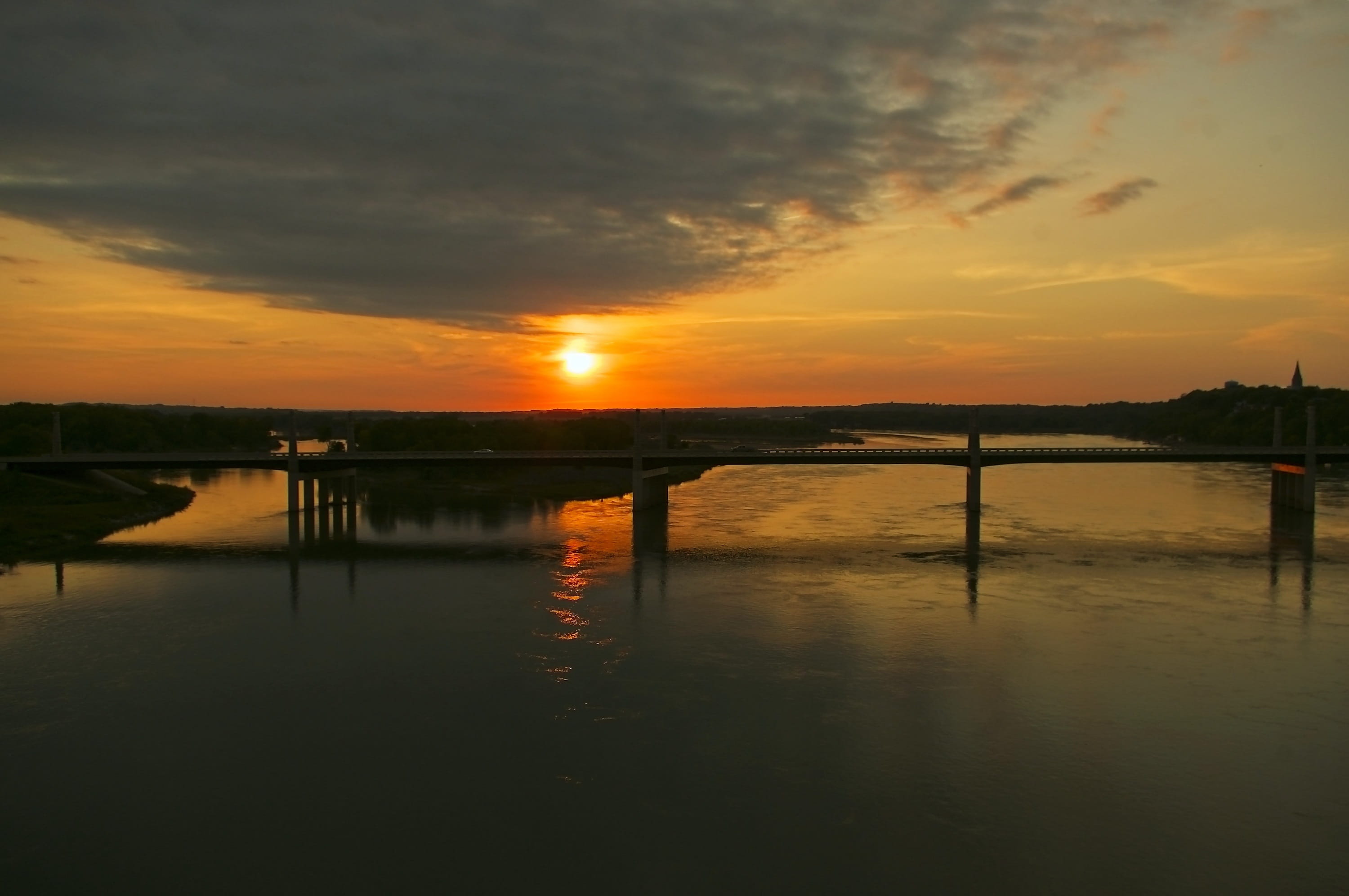silhouette, dusk, orange, reflection, landscape, scene, lake, yankton, waterfront, idyllic, sunrise, clouds, tranquil scene, sun, south dakota, nebraska, HD Wallpaper