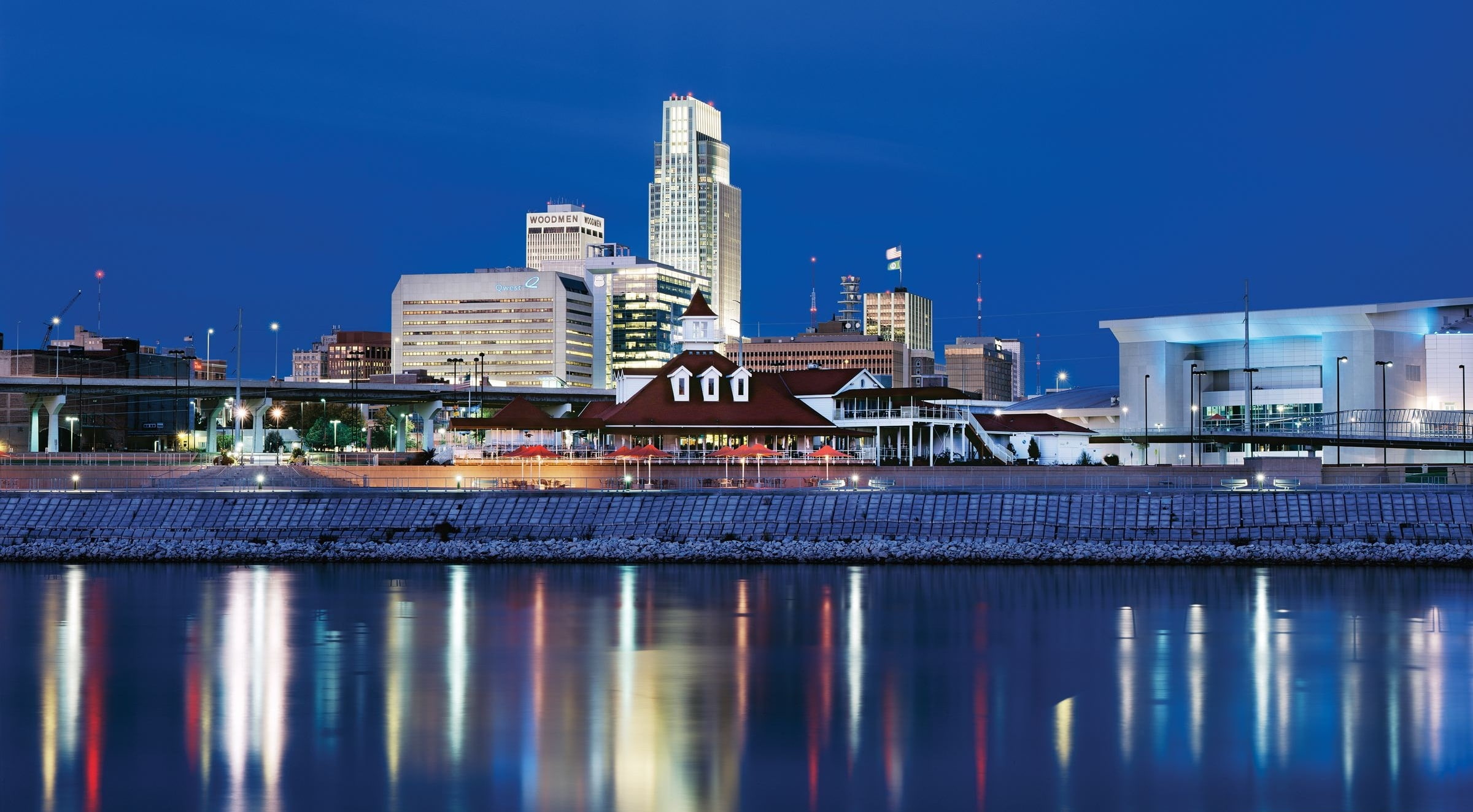 financial district, cityscape, landscape, waterfront, Omaha, outdoors, sky, night, Missouri, modern, 1080P, blue, skyscraper, reflection, nature, no people, HD Wallpaper