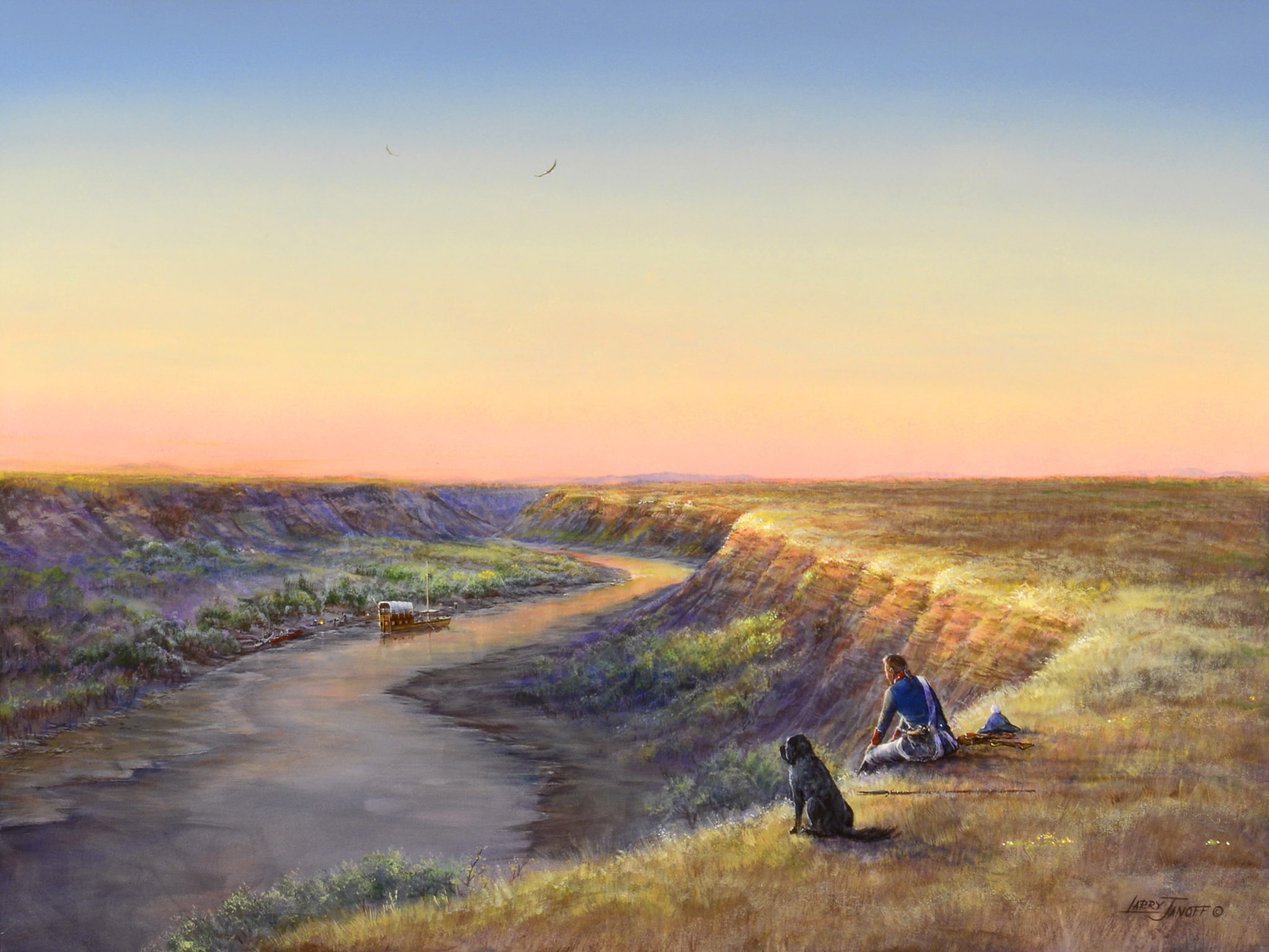soldiers, Up The Missouri With Lewis And Clark, dog, open, boat, 1080P, picture, landscape, river, the sky, Missouri, Larry Janoff, birds, HD Wallpaper