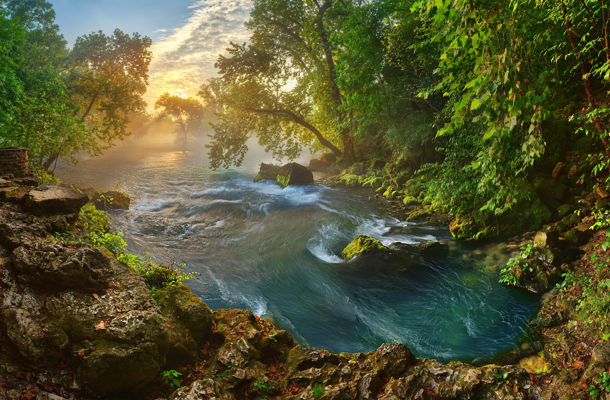 trees, Bank, stones, the sun, river, Missouri, USA, 1080P, nature, landscape, morning, HD Wallpaper