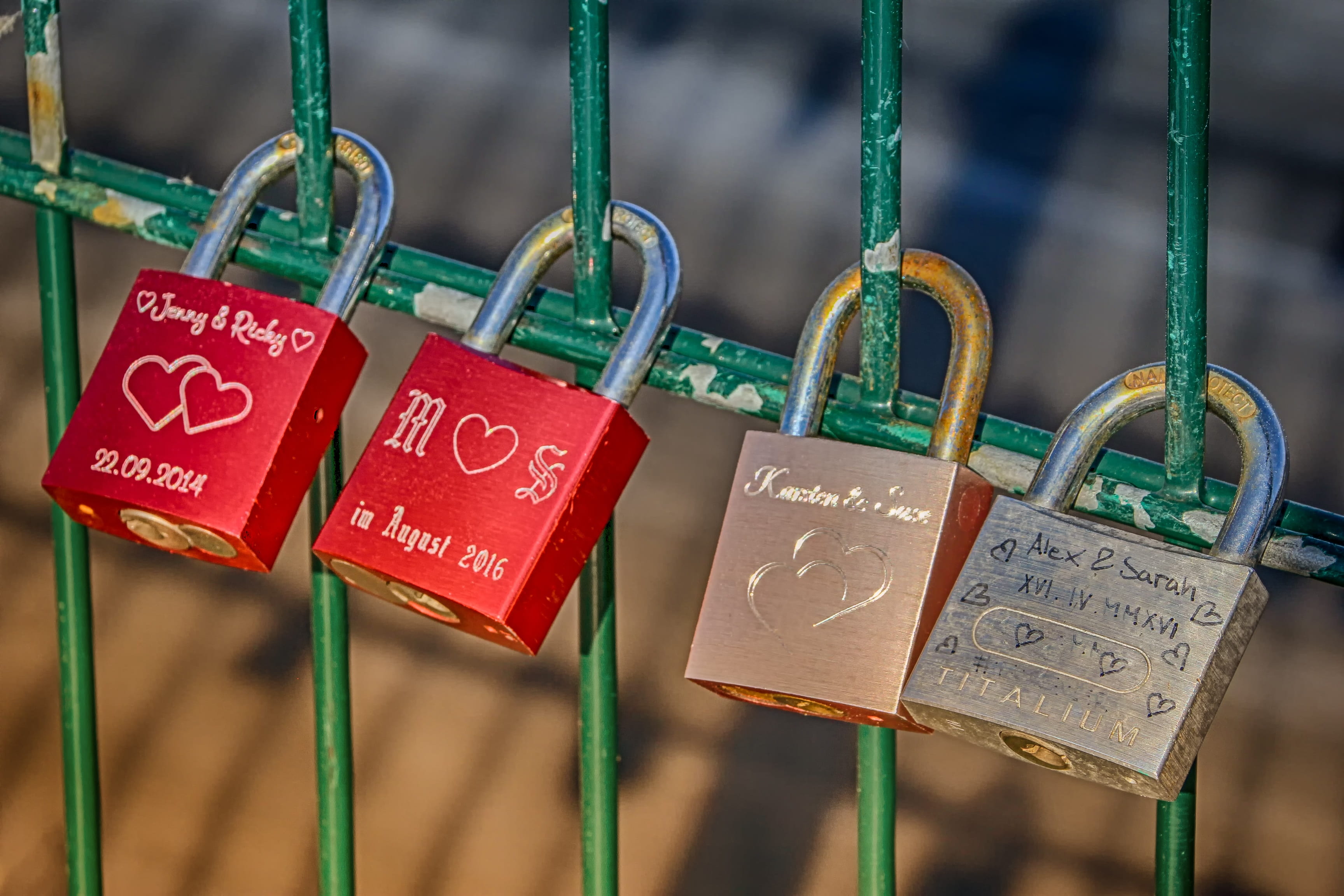 outdoors, focus on foreground, no people, love locks, love symbol, 2K, green, heart, hanging, fence, loyalty, lock, romantic, promise, protection, padlocks, HD Wallpaper