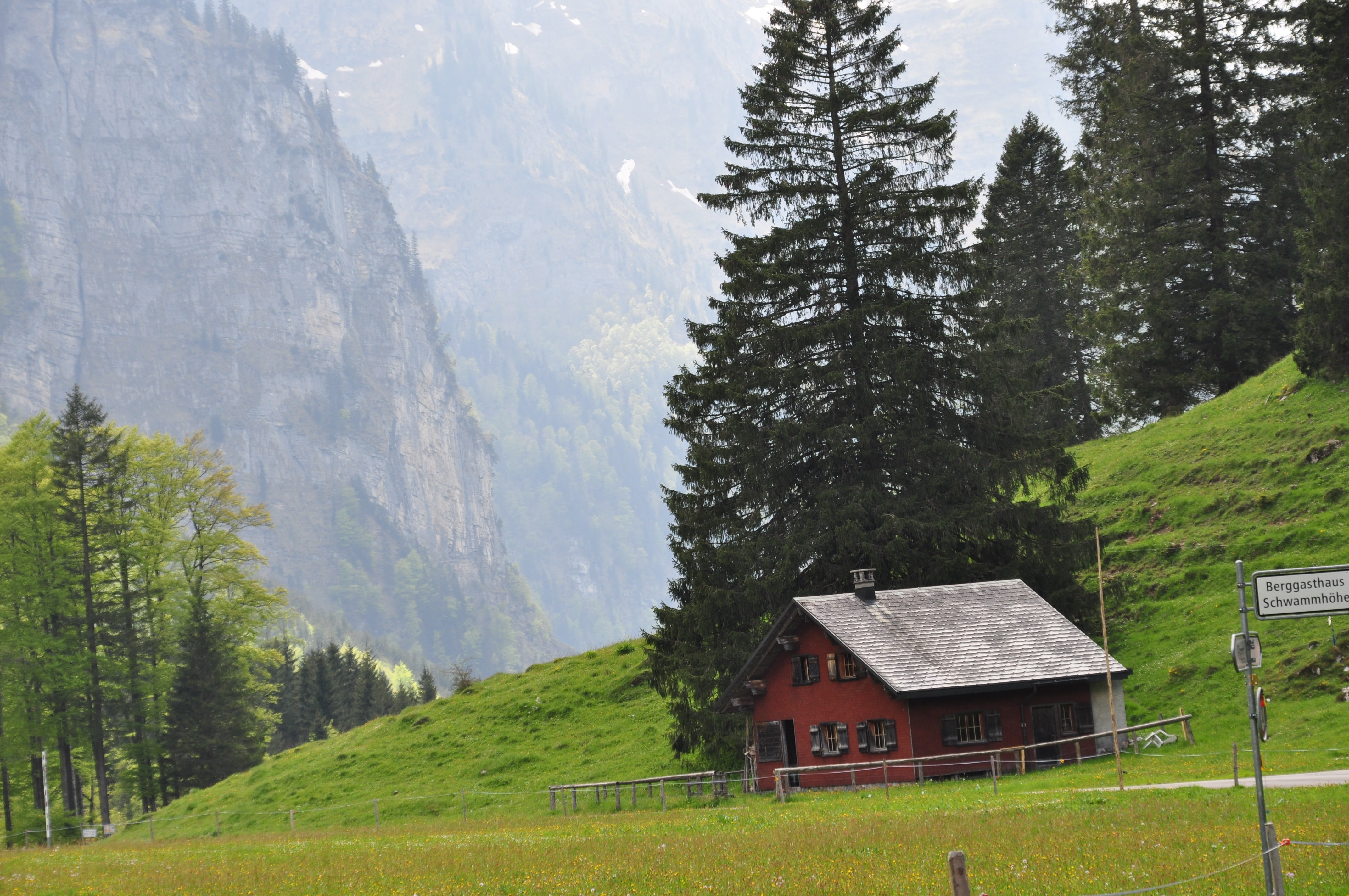 green color, outdoors, trees, building exterior, land, landscape, red, built structure, plant, field, day, house, cottage, hut, mountain, growth, tree, HD Wallpaper