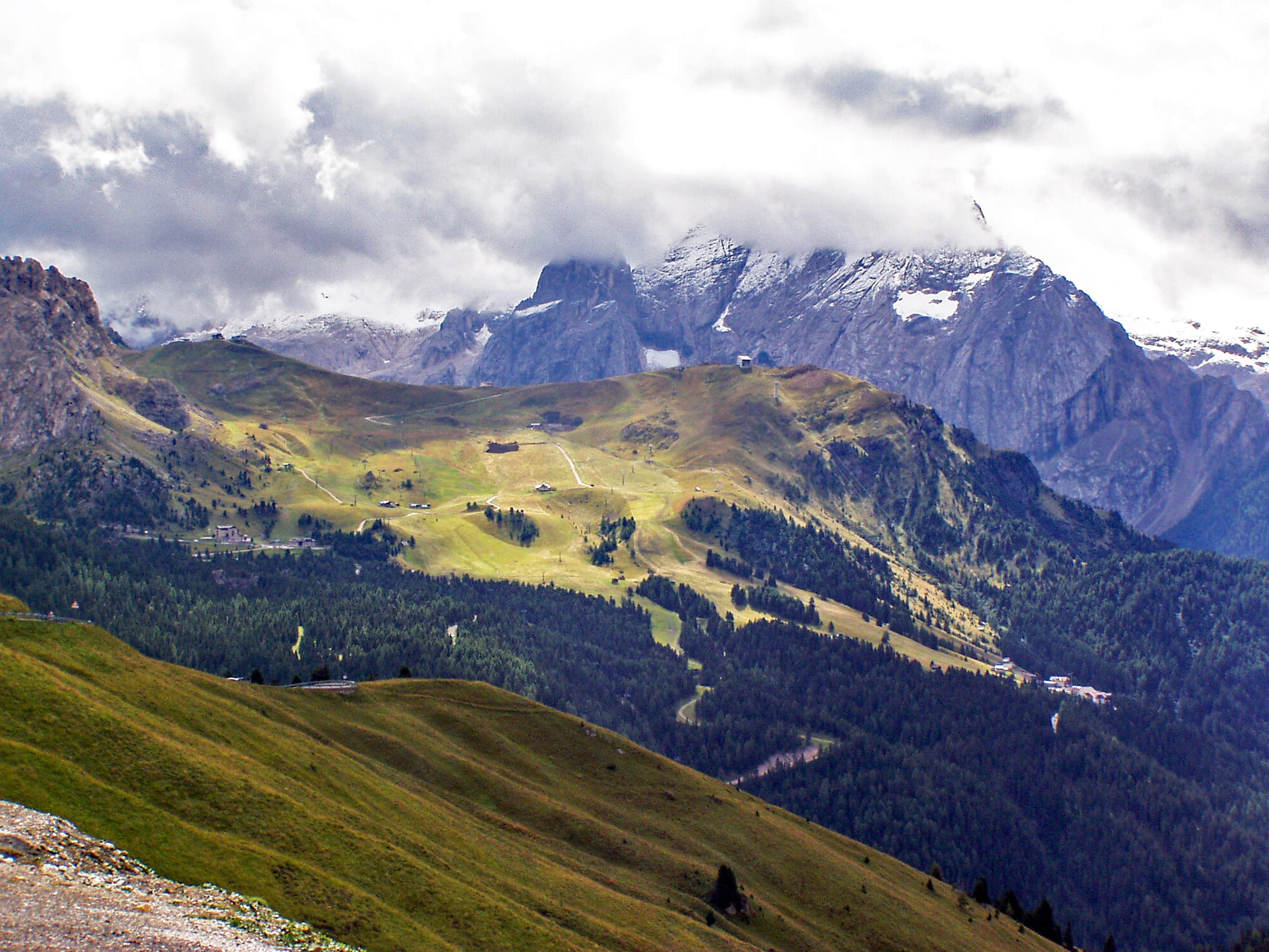 cloud - sky, 2K, trentino alto adige, sky, tranquility, snowcapped mountain, beauty in nature, green Color, Val Gardena, plant, summer, mountain, land, HD Wallpaper