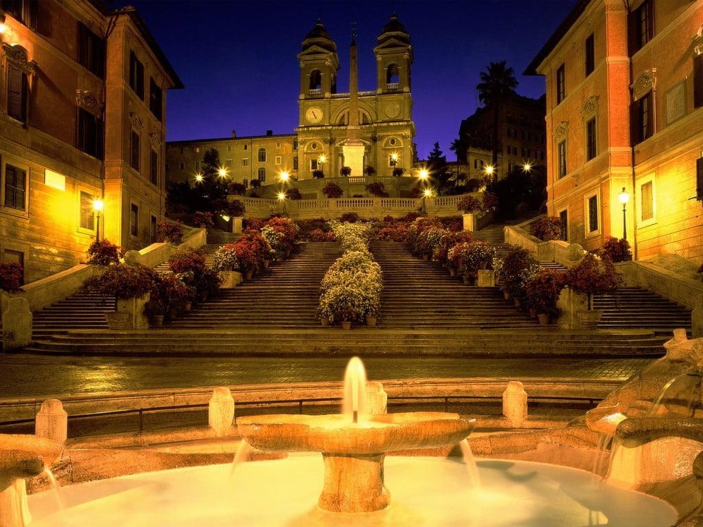 religion, dusk, nature, city, Rome, tree, built structure, Piazza di Spagna, cityscape, illuminated, night, building, architecture, water, 480P, travel destinations, HD Wallpaper