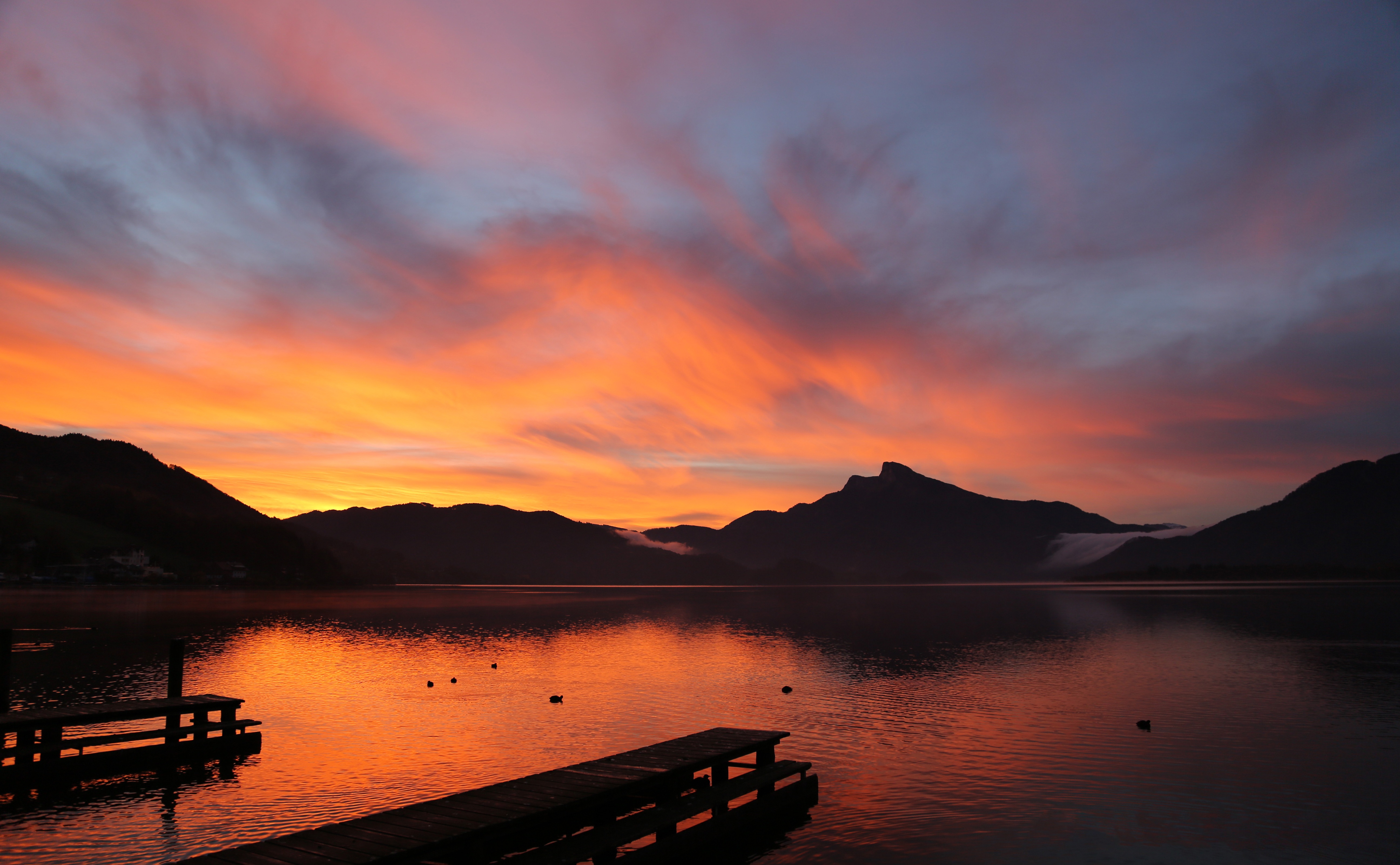 clouds, bank, reflection, evening sky, sky, wave, lake, evening sun, light, mountain range, dusk, rest, silhouette, romantic, holiday, mountains, non-urban scene, HD Wallpaper
