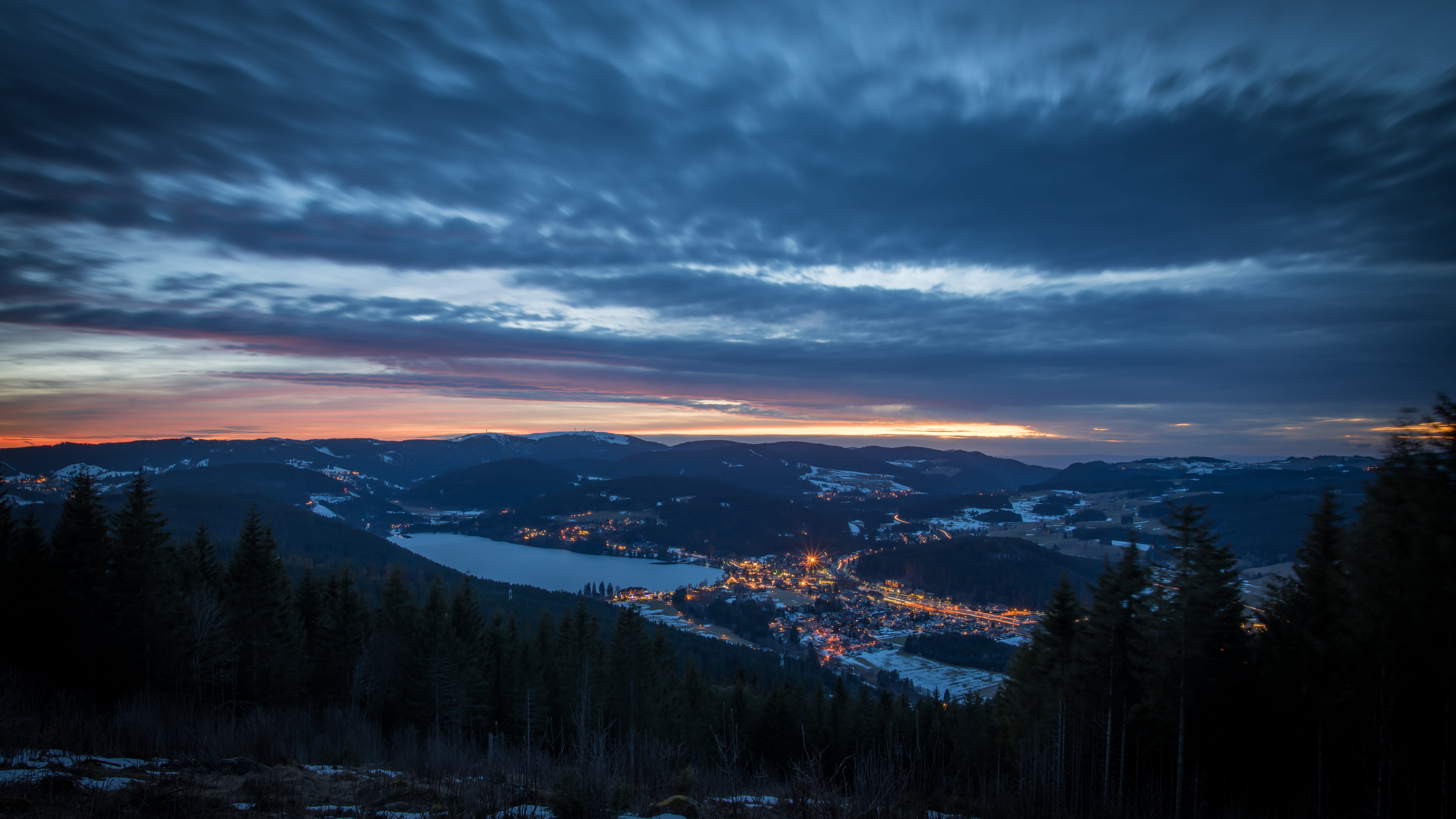 sunset, abies, dramatic sky, aerial, sonnenuntergang, non-urban scene, dusk, snowcapped mountain, tranquil scene, beauty in nature, tree, germany, no people, HD Wallpaper