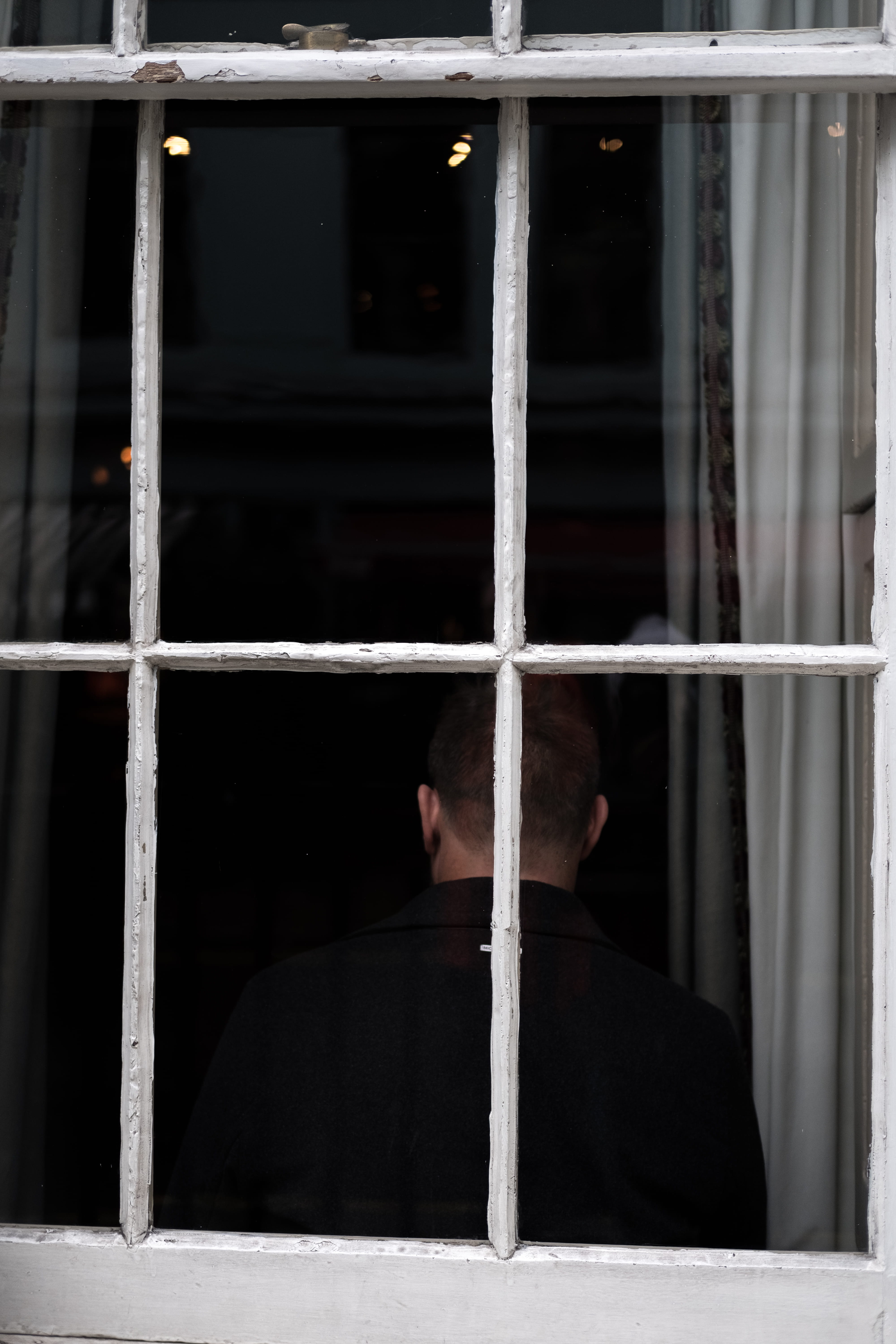 looking in, window, window frame, sitting, top, day, beside, front, clear, black, darkness, person, crime, white, building, street, one person, standing, Phone HD Wallpaper