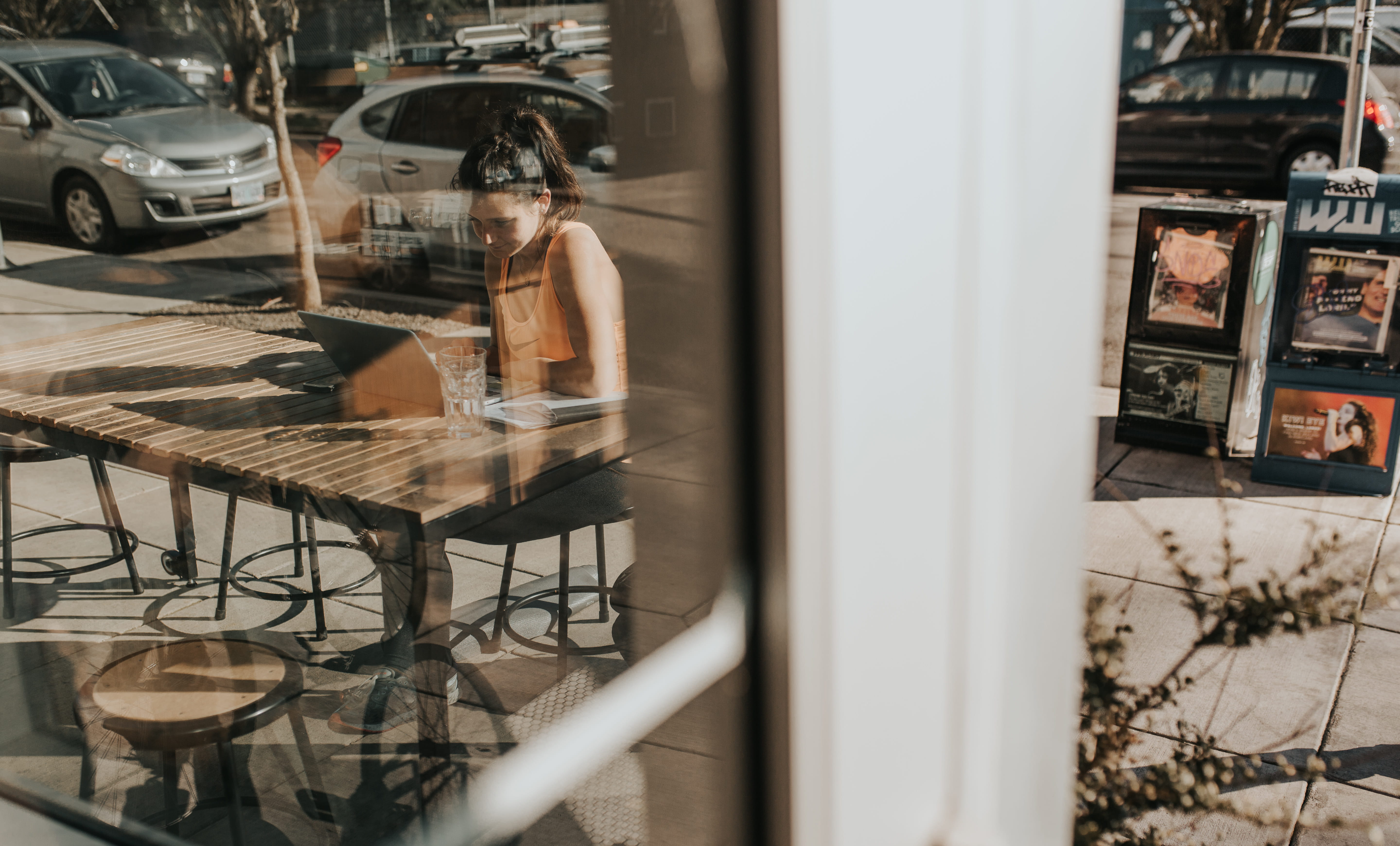 indoors, store, street, beside, food and drink, city, day, reflection, absence, 5K, chair, transparent, restaurant, sitting, working, jar, business, street photography, HD Wallpaper